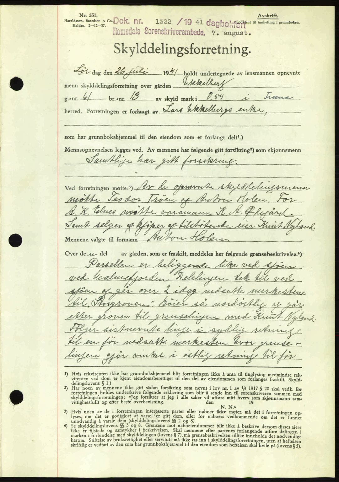 Romsdal sorenskriveri, AV/SAT-A-4149/1/2/2C: Mortgage book no. A10, 1941-1941, Diary no: : 1322/1941