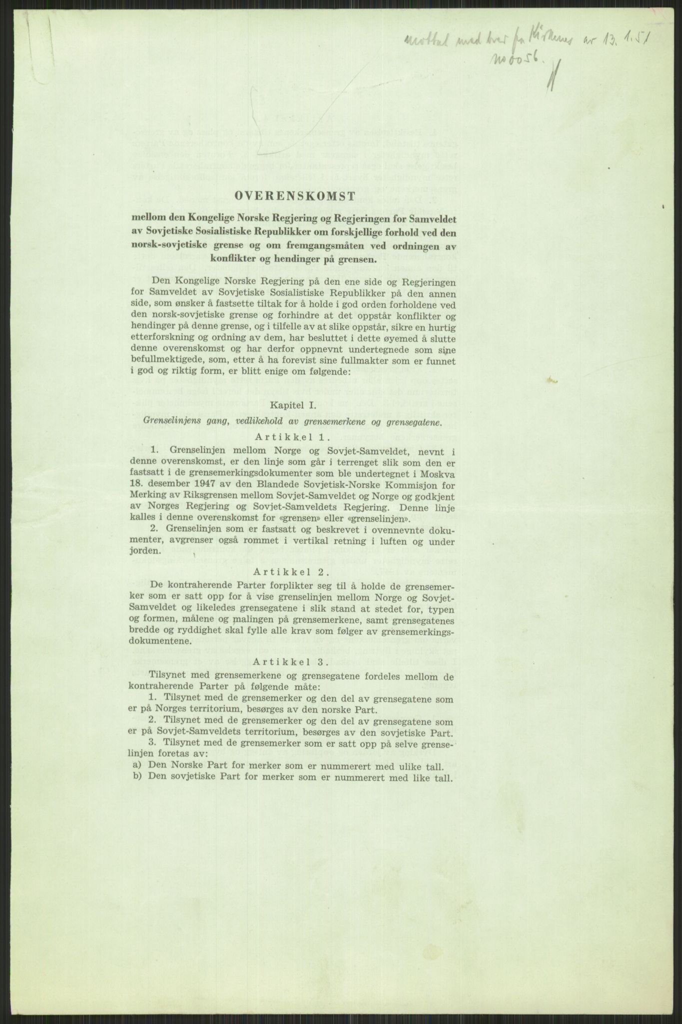 A/S Sydvaranger, AV/RA-PA-0383/Q/Qa/L0003/0009: Eiendom / Overenskomst mellom den norske og den russiske regjering vedr. forskjellige forhold ved grunn (8), 1949