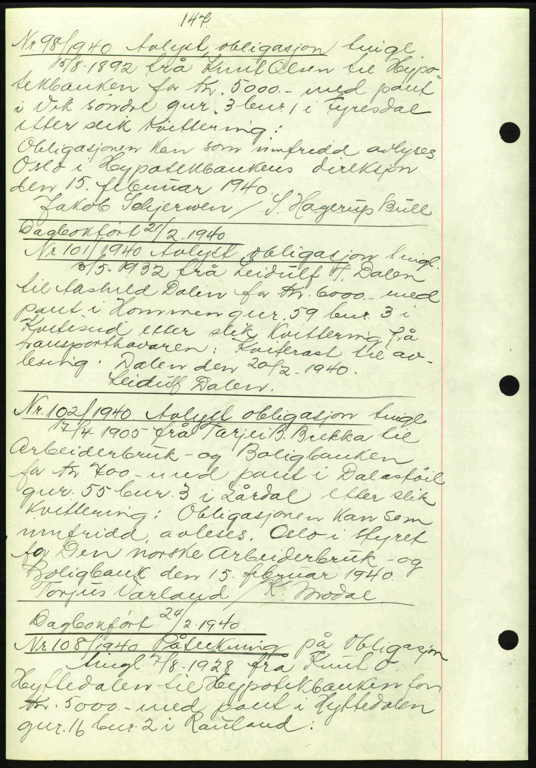 Vest-Telemark sorenskriveri, AV/SAKO-A-134/G/Ga/Gad/L0002: Mortgage book no. B-2, 1938-1941, Diary no: : 98/1940