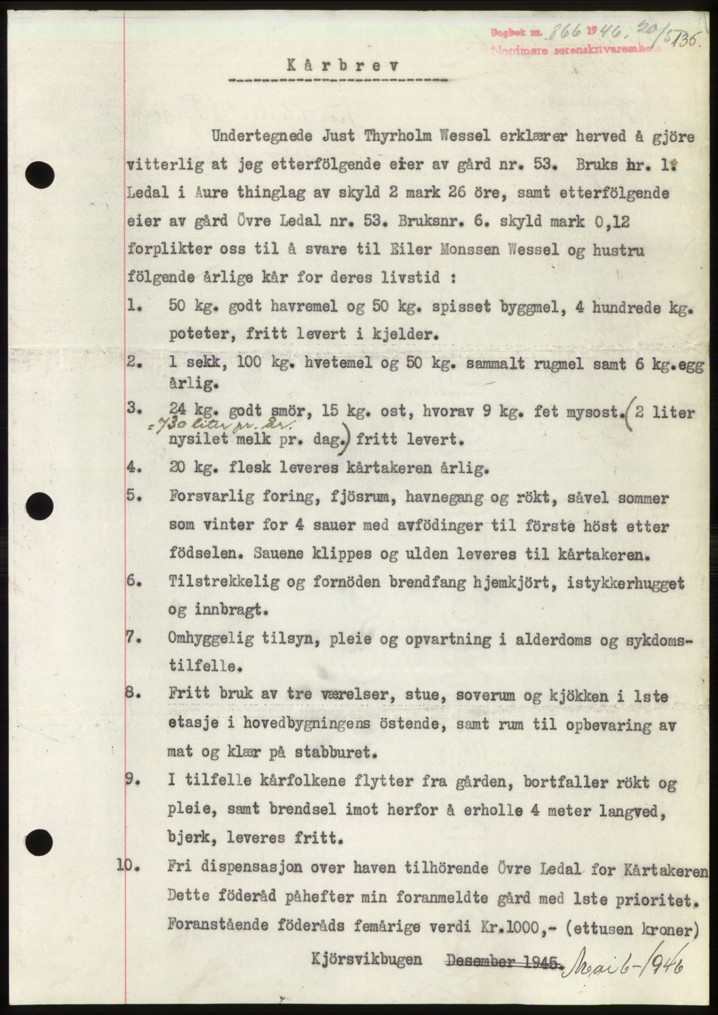 Nordmøre sorenskriveri, AV/SAT-A-4132/1/2/2Ca: Mortgage book no. B94, 1946-1946, Diary no: : 866/1946