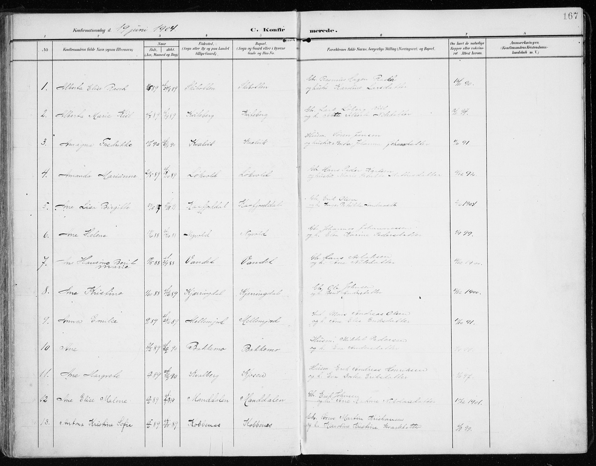 Lyngen sokneprestembete, SATØ/S-1289/H/He/Hea/L0011kirke: Parish register (official) no. 11, 1903-1913, p. 167