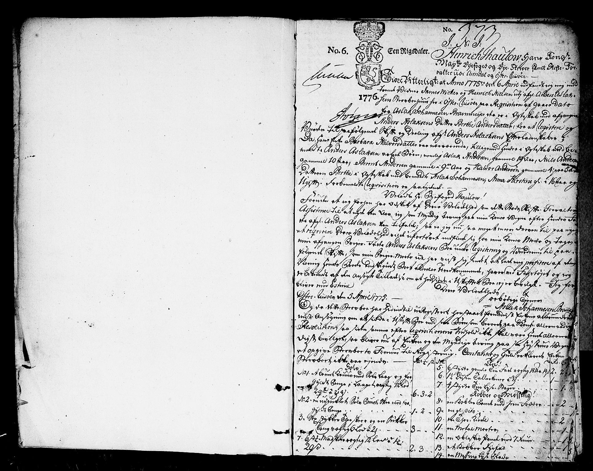 Arendal byfogd, SAK/1222-0001/H/Hc/L0008: Skifteprotokoll nr. 7 for Arendal og Risør, m/register, 1775-1781, p. 0b-1a
