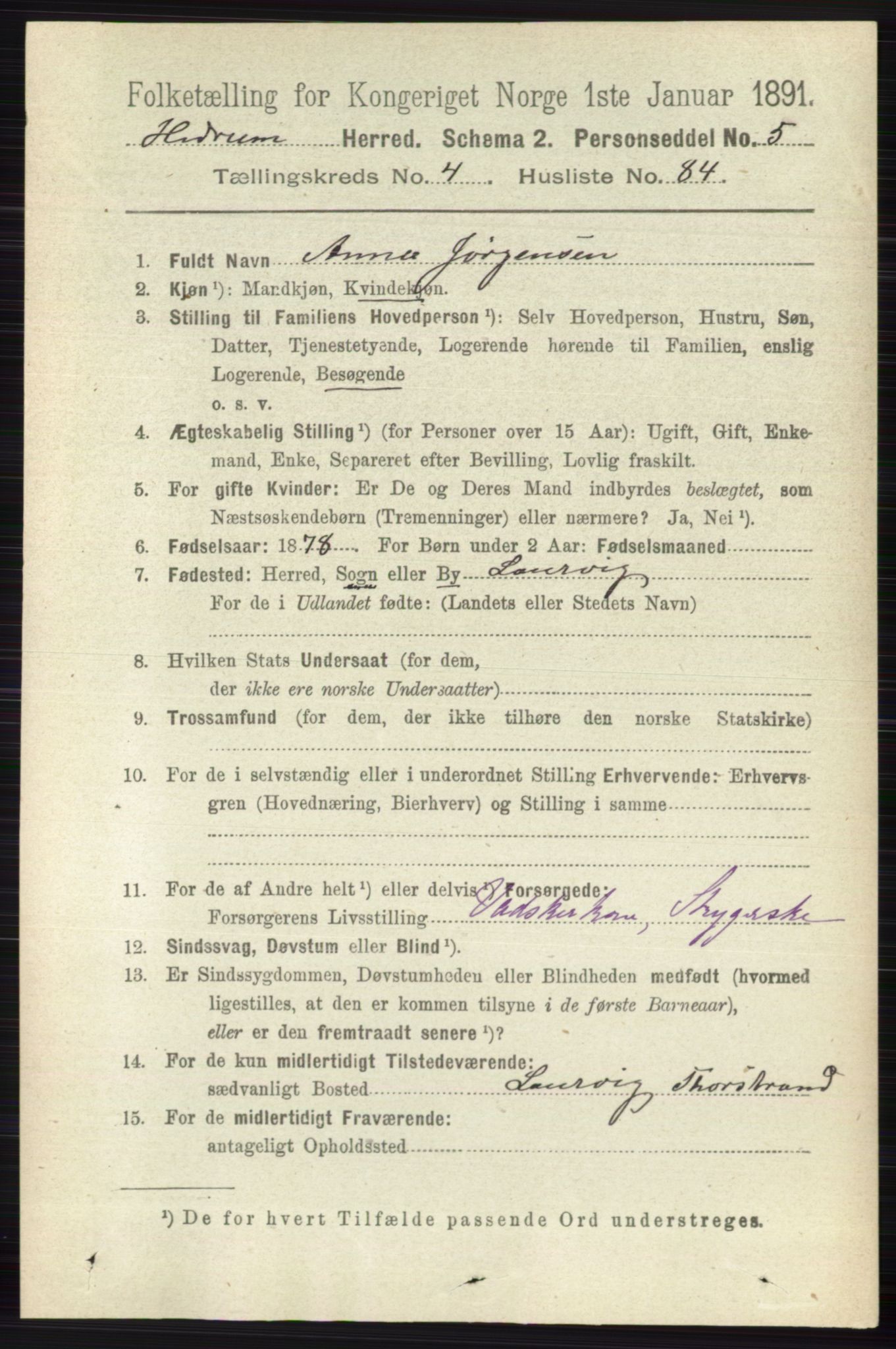 RA, 1891 census for 0727 Hedrum, 1891, p. 1868