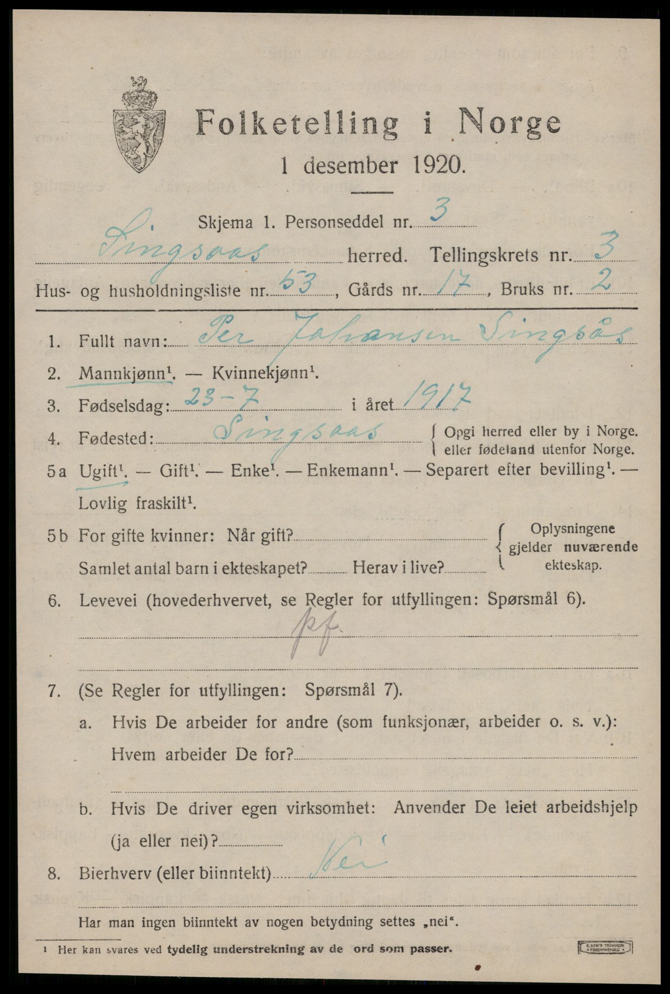 SAT, 1920 census for Singsås, 1920, p. 2109