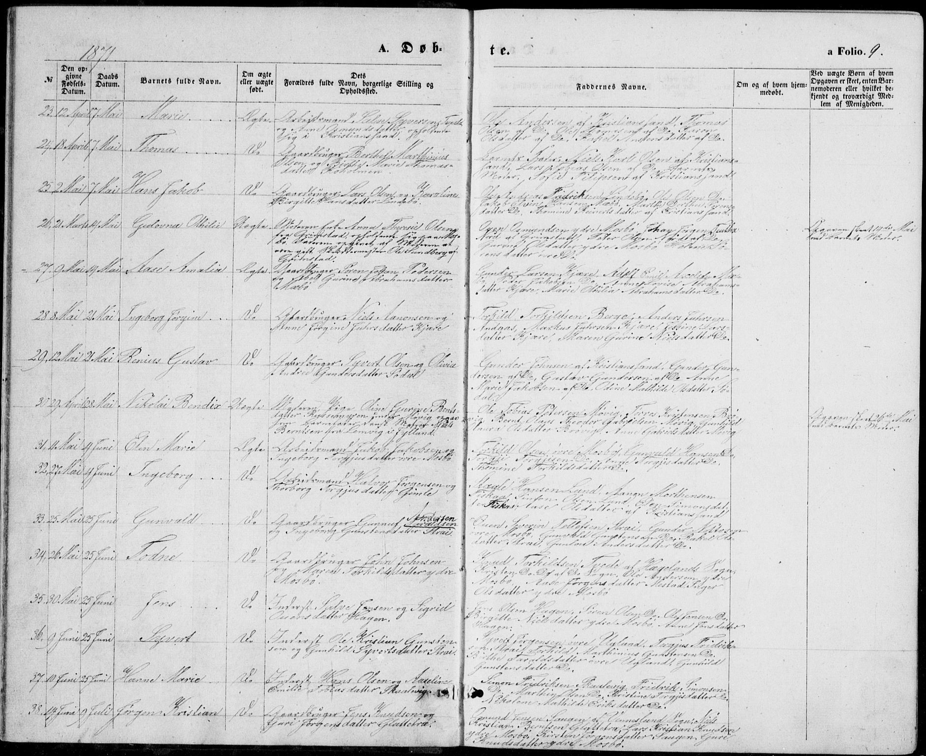 Oddernes sokneprestkontor, AV/SAK-1111-0033/F/Fb/Fba/L0007: Parish register (copy) no. B 7, 1869-1887, p. 9