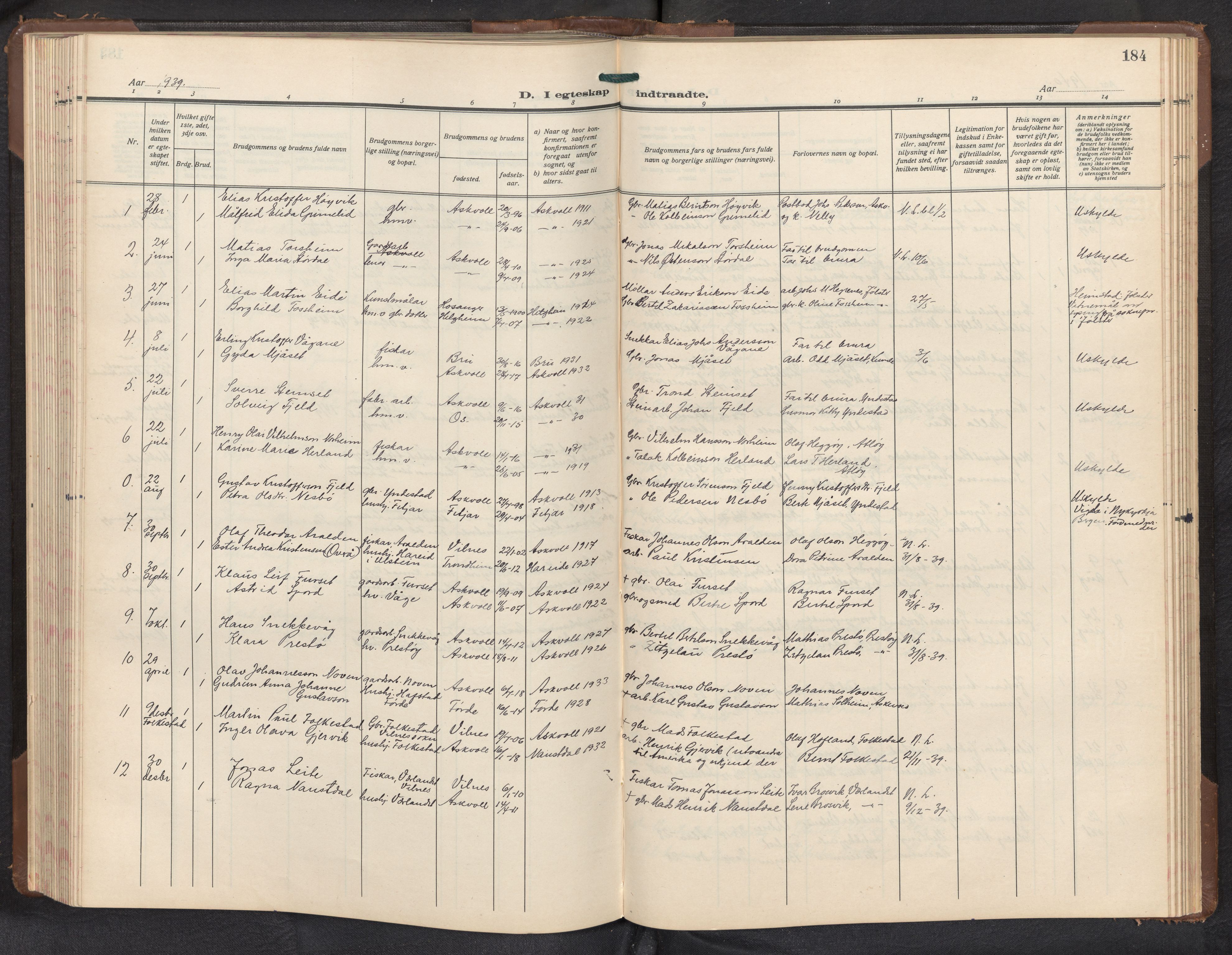 Askvoll sokneprestembete, AV/SAB-A-79501/H/Hab/Haba/L0005: Parish register (copy) no. A 5, 1929-1954, p. 183b-184a