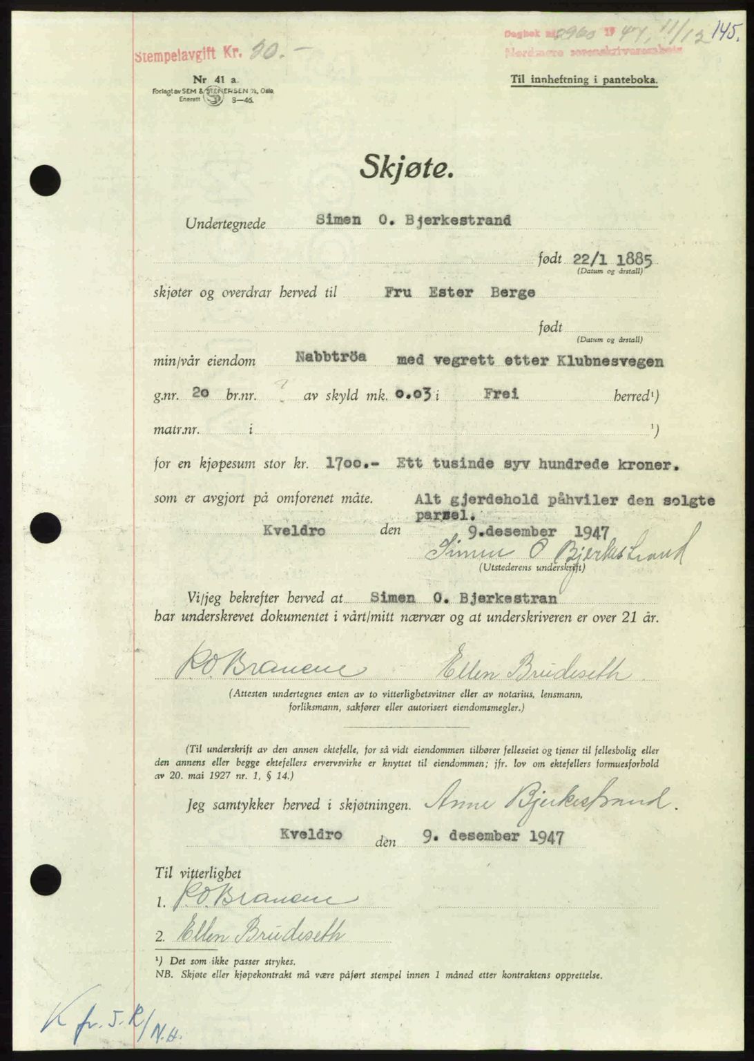 Nordmøre sorenskriveri, AV/SAT-A-4132/1/2/2Ca: Mortgage book no. A107, 1947-1948, Diary no: : 2960/1947