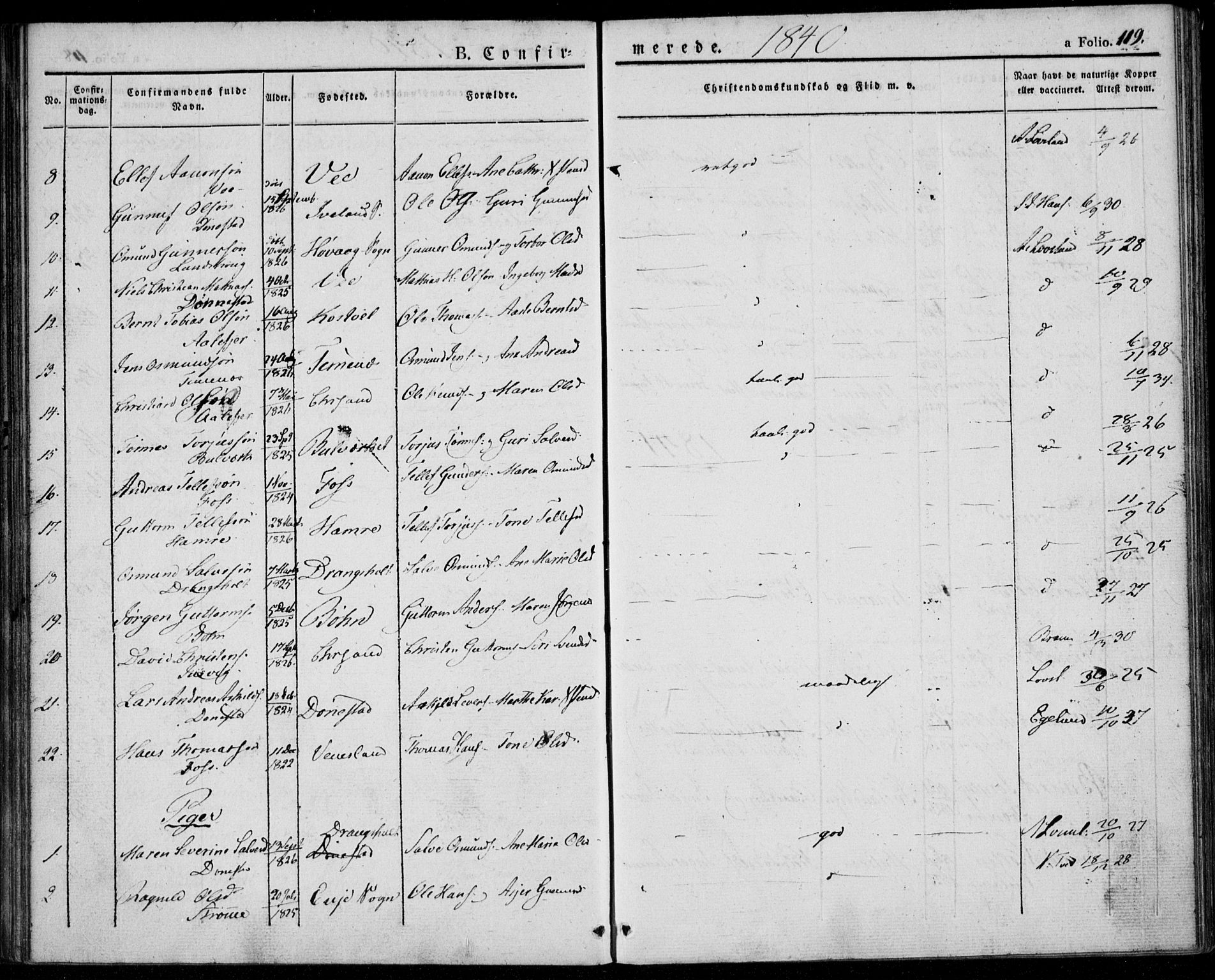 Tveit sokneprestkontor, AV/SAK-1111-0043/F/Fa/L0003: Parish register (official) no. A 3, 1829-1852, p. 119