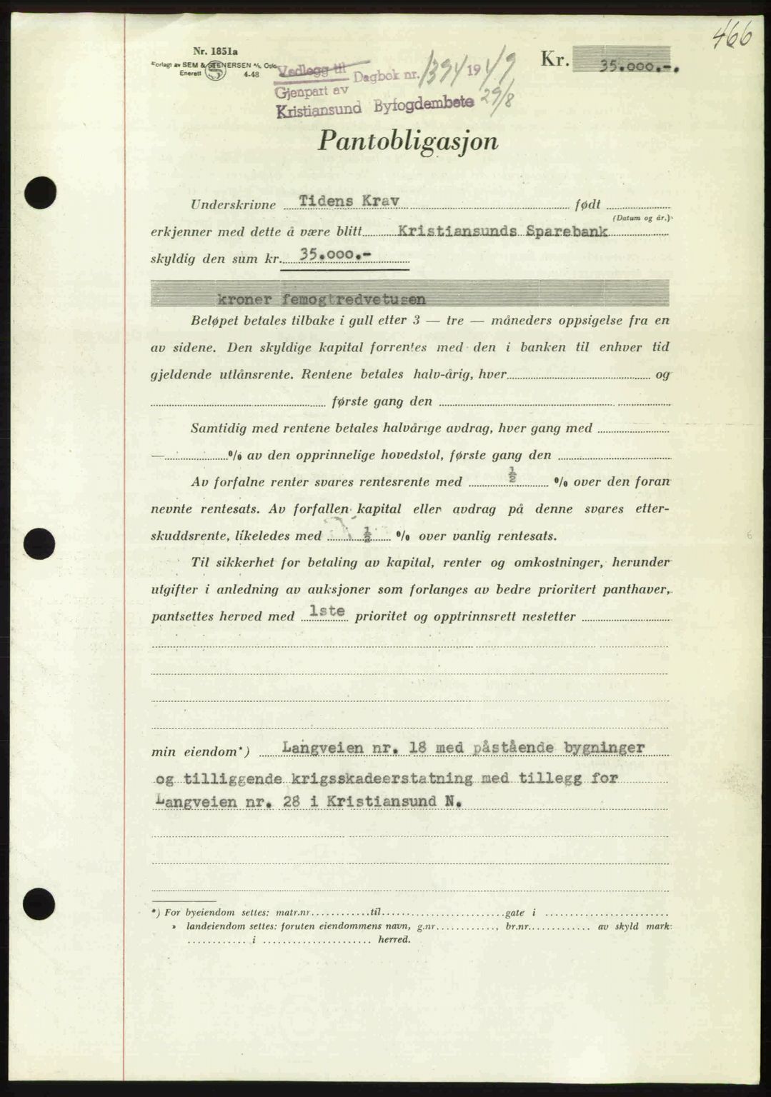 Kristiansund byfogd, AV/SAT-A-4587/A/27: Mortgage book no. 45, 1948-1949, Diary no: : 1394/1949