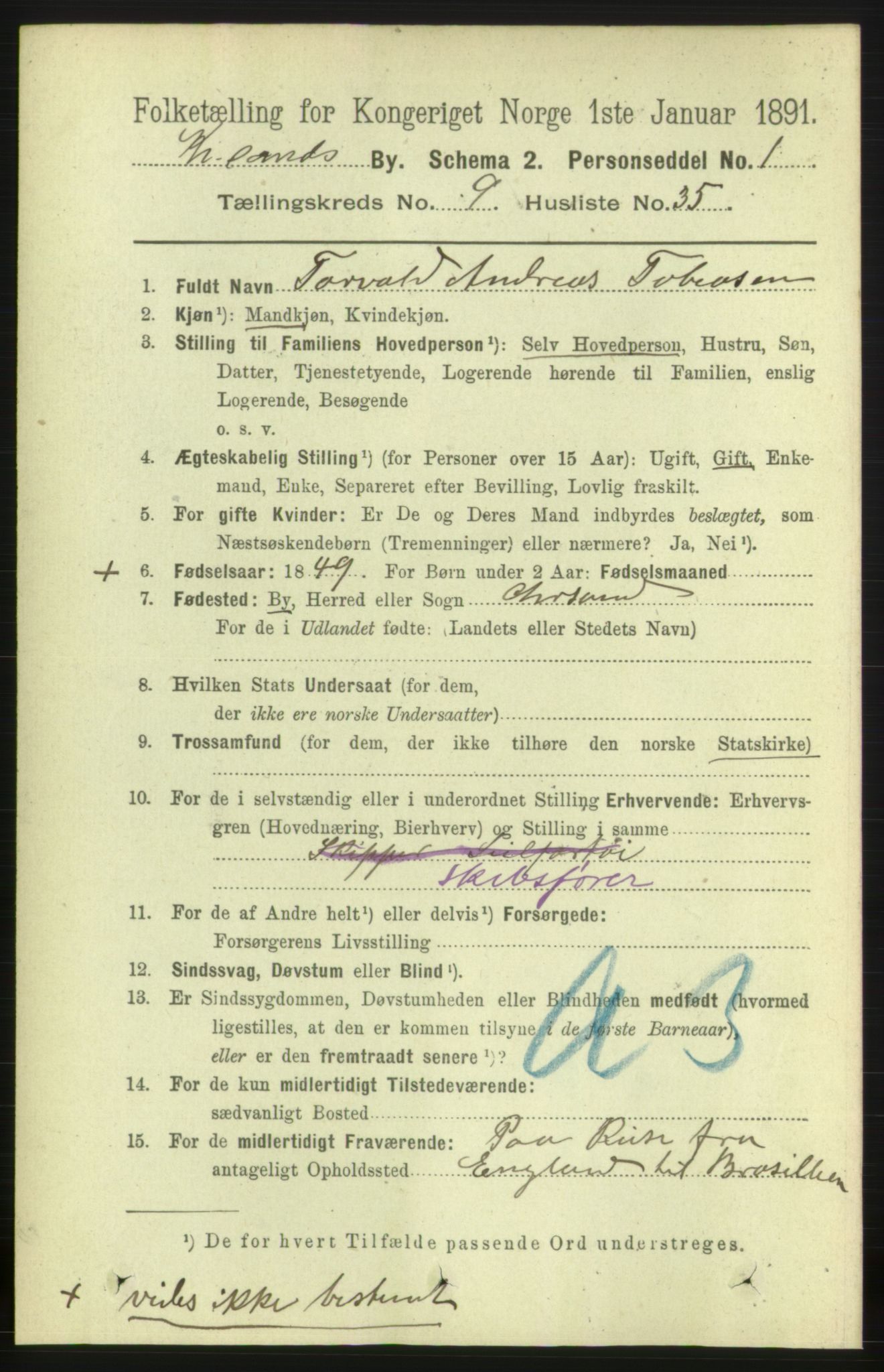 RA, 1891 census for 1001 Kristiansand, 1891, p. 5261