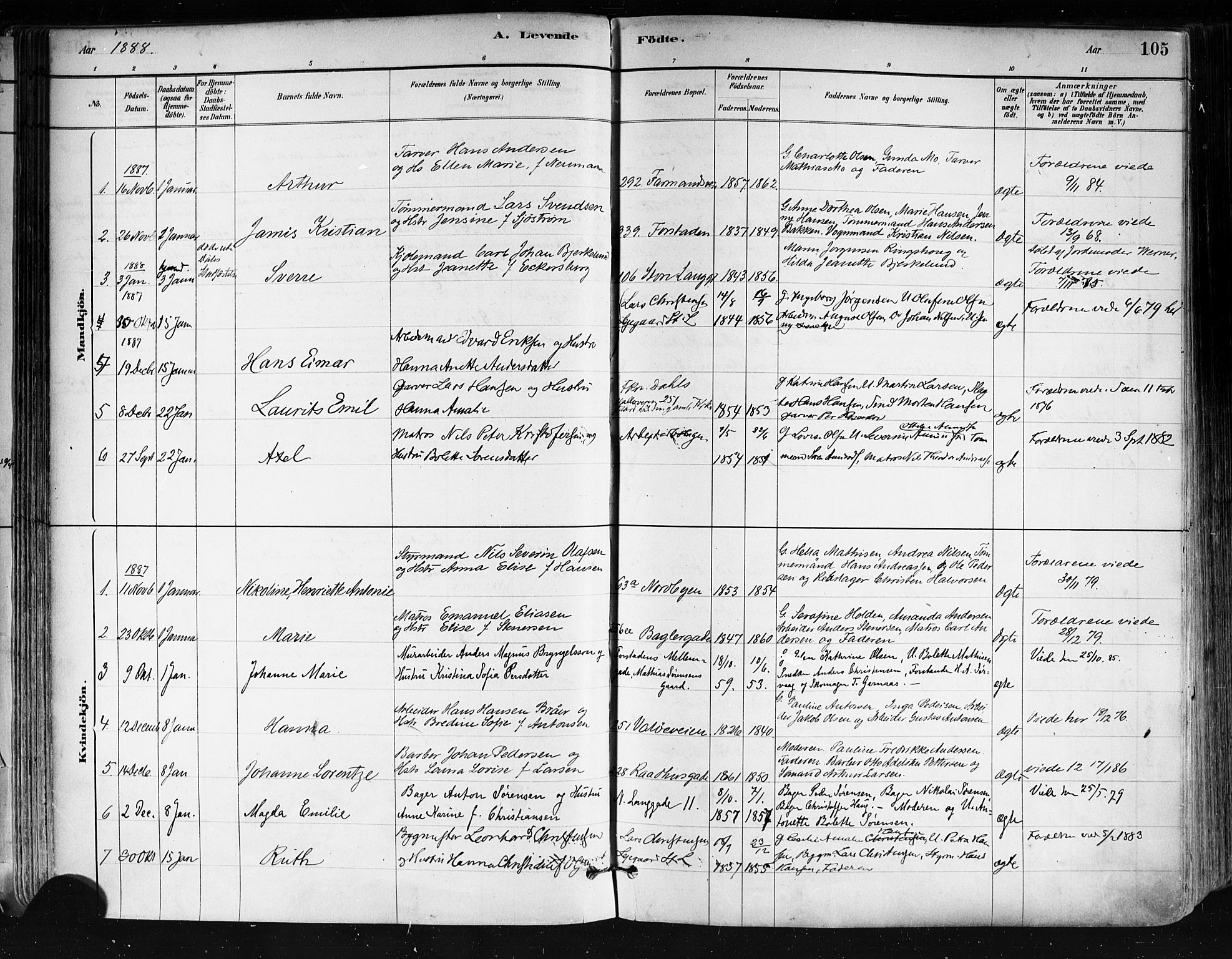 Tønsberg kirkebøker, SAKO/A-330/F/Fa/L0011: Parish register (official) no. I 11, 1881-1890, p. 105
