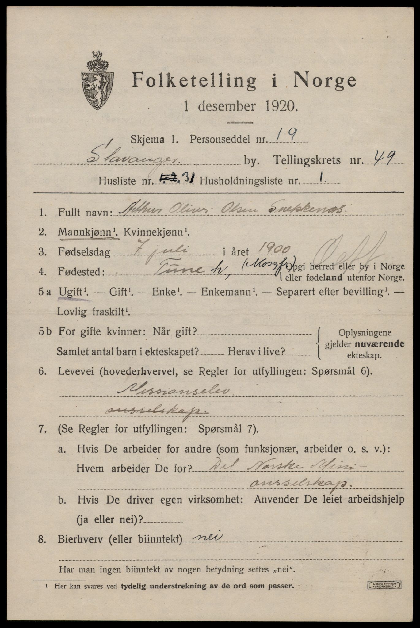 SAST, 1920 census for Stavanger, 1920, p. 118876