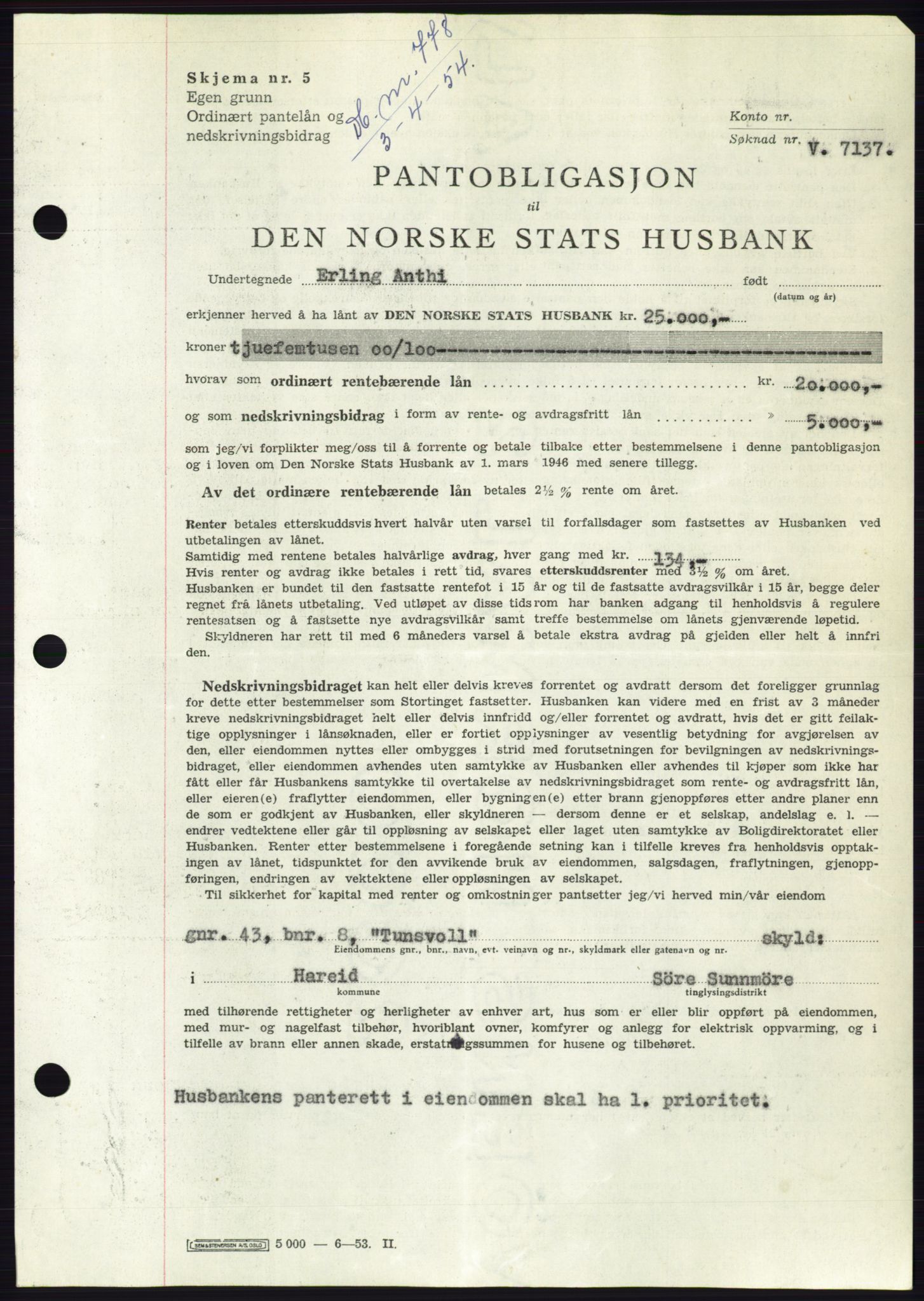 Søre Sunnmøre sorenskriveri, AV/SAT-A-4122/1/2/2C/L0124: Mortgage book no. 12B, 1953-1954, Diary no: : 778/1954