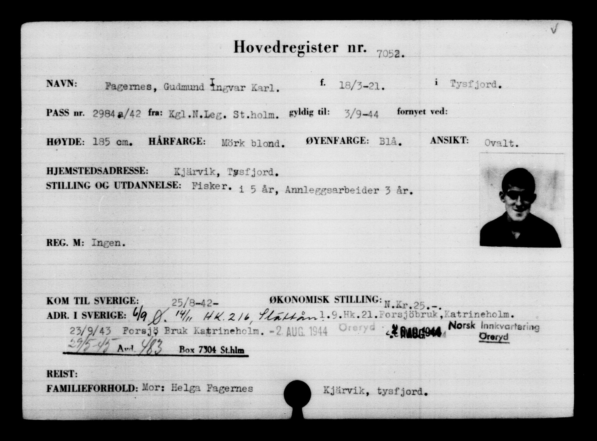 Utenriksstasjonene, Legasjonen i Stockholm, Flyktningkontoret, AV/RA-S-6753/V/Va/L0005: Kjesäterkartoteket, flyktninger med registreringsnr. 6600-9417, 1940-1945, p. 544