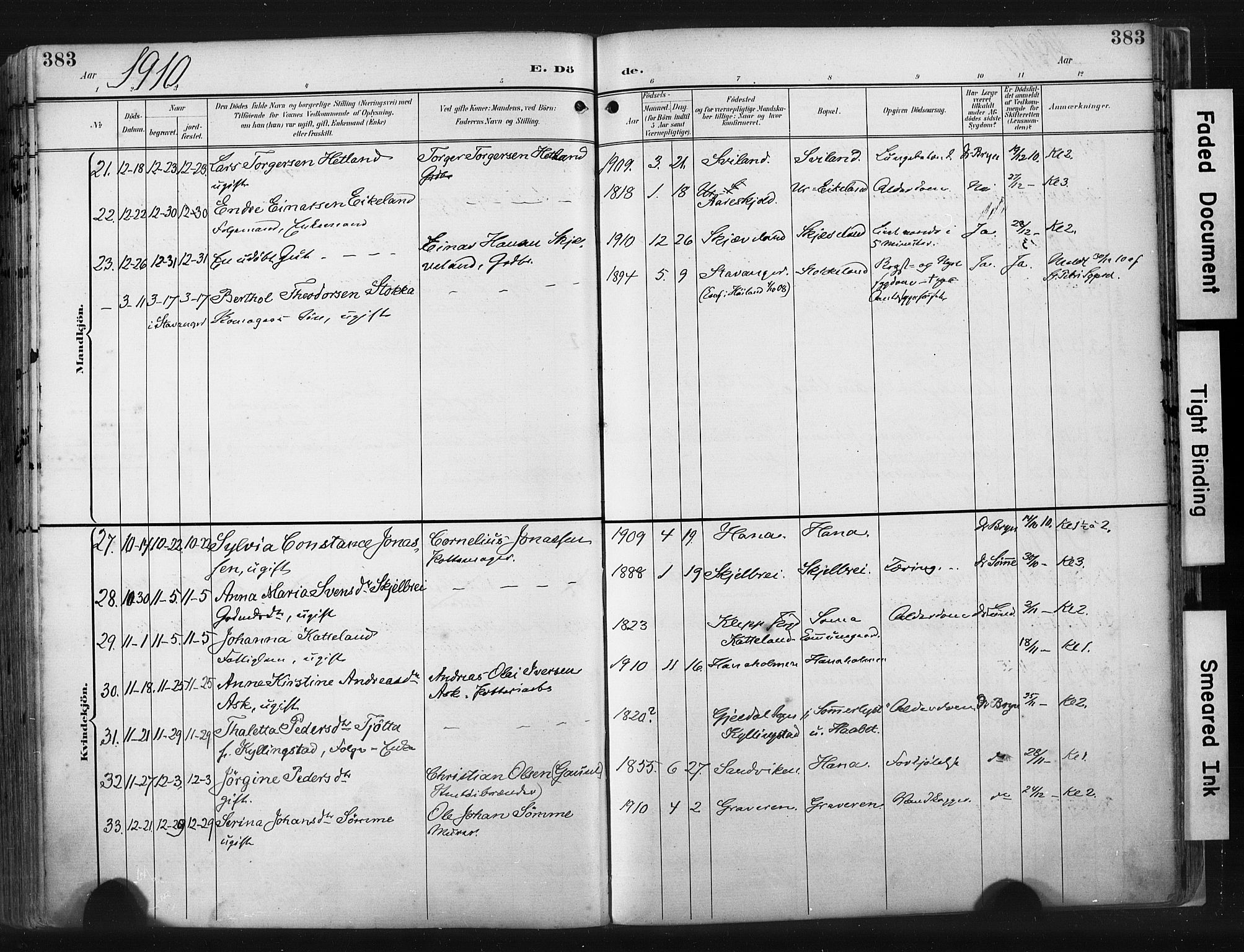 Høyland sokneprestkontor, AV/SAST-A-101799/001/30BA/L0015: Parish register (official) no. A 14, 1899-1911, p. 383