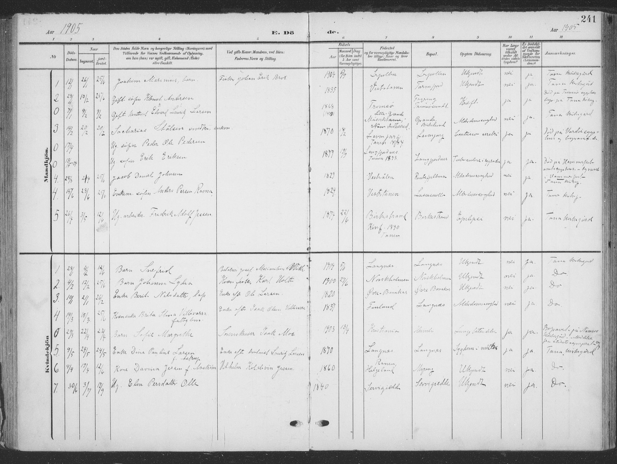 Tana sokneprestkontor, AV/SATØ-S-1334/H/Ha/L0007kirke: Parish register (official) no. 7, 1904-1918, p. 241