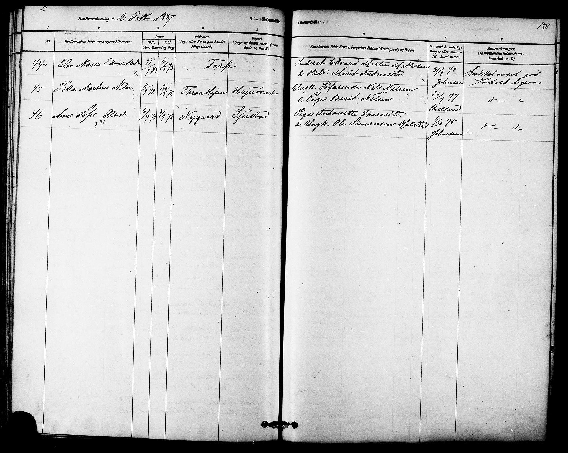 Ministerialprotokoller, klokkerbøker og fødselsregistre - Sør-Trøndelag, AV/SAT-A-1456/616/L0410: Parish register (official) no. 616A07, 1878-1893, p. 158