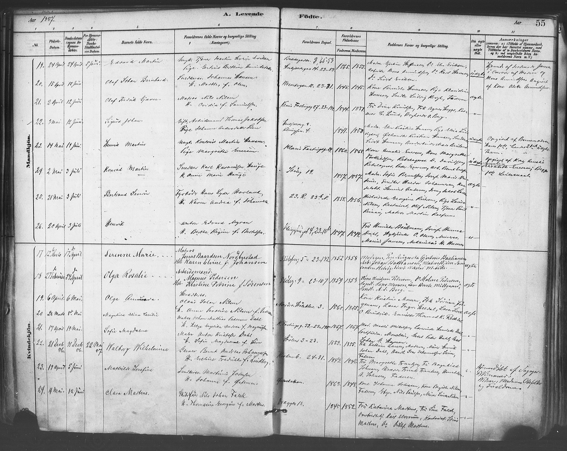 Mariakirken Sokneprestembete, SAB/A-76901/H/Haa/L0007: Parish register (official) no. A 7, 1878-1893, p. 55