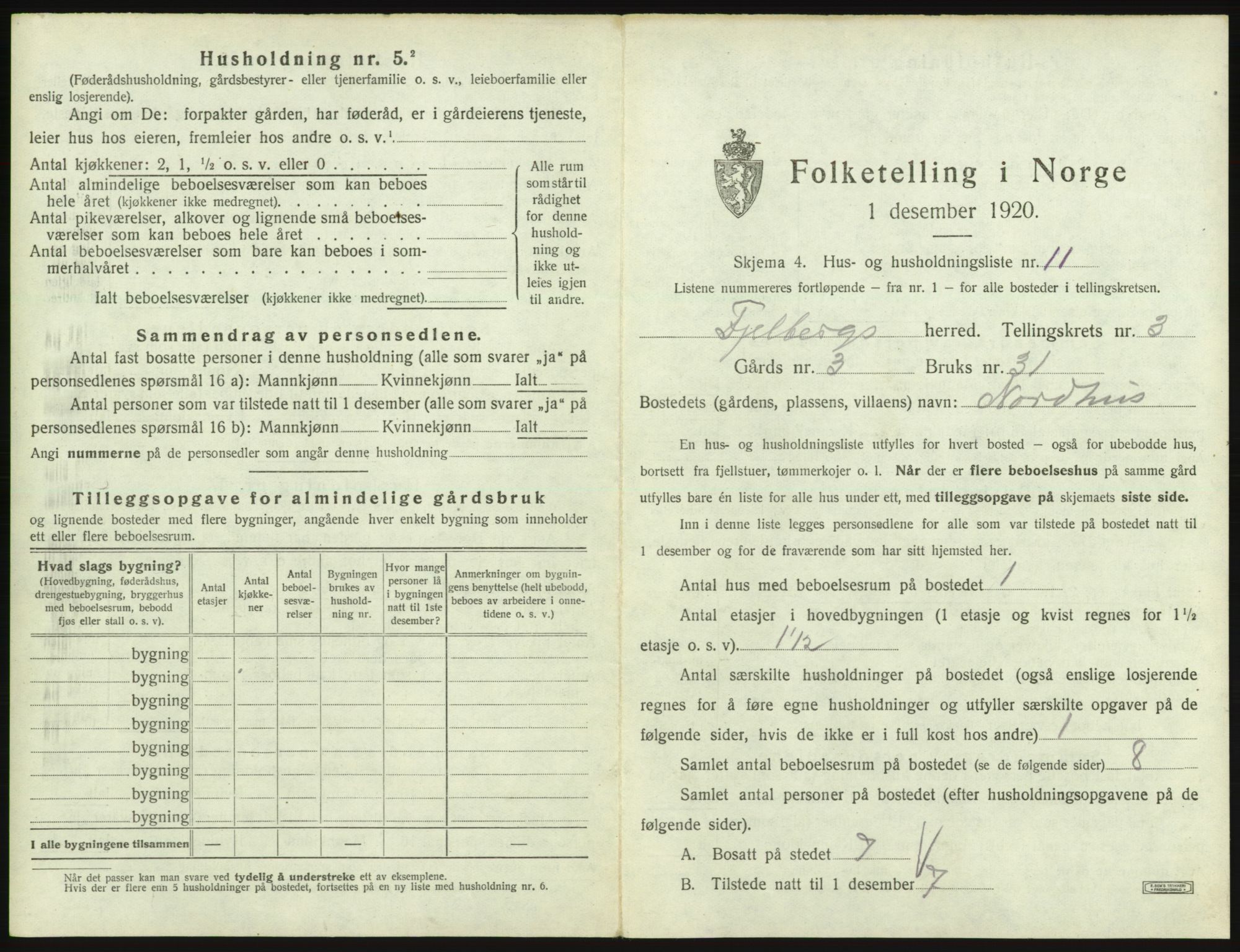 SAB, 1920 census for Fjelberg, 1920, p. 145