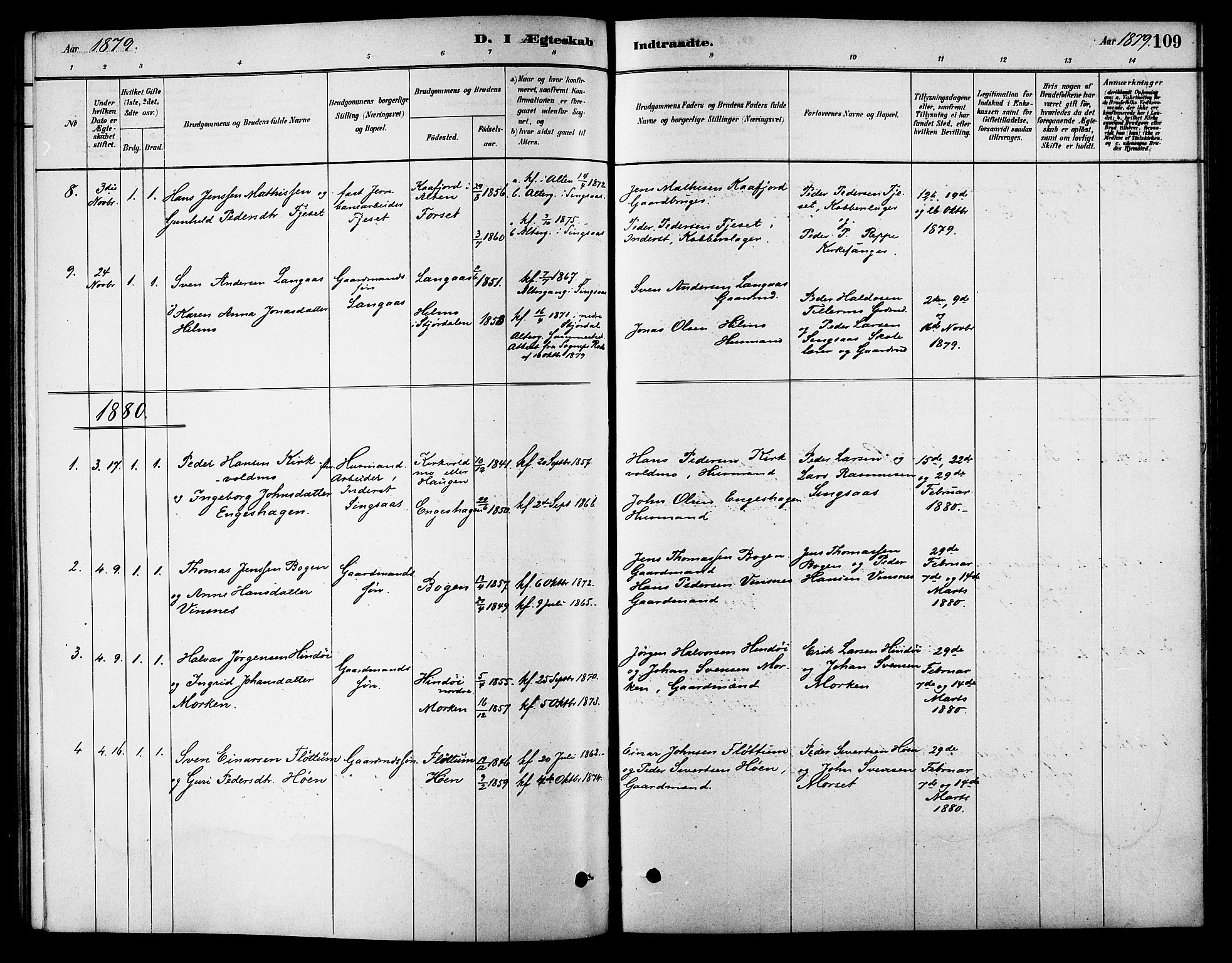 Ministerialprotokoller, klokkerbøker og fødselsregistre - Sør-Trøndelag, SAT/A-1456/688/L1024: Parish register (official) no. 688A01, 1879-1890, p. 109