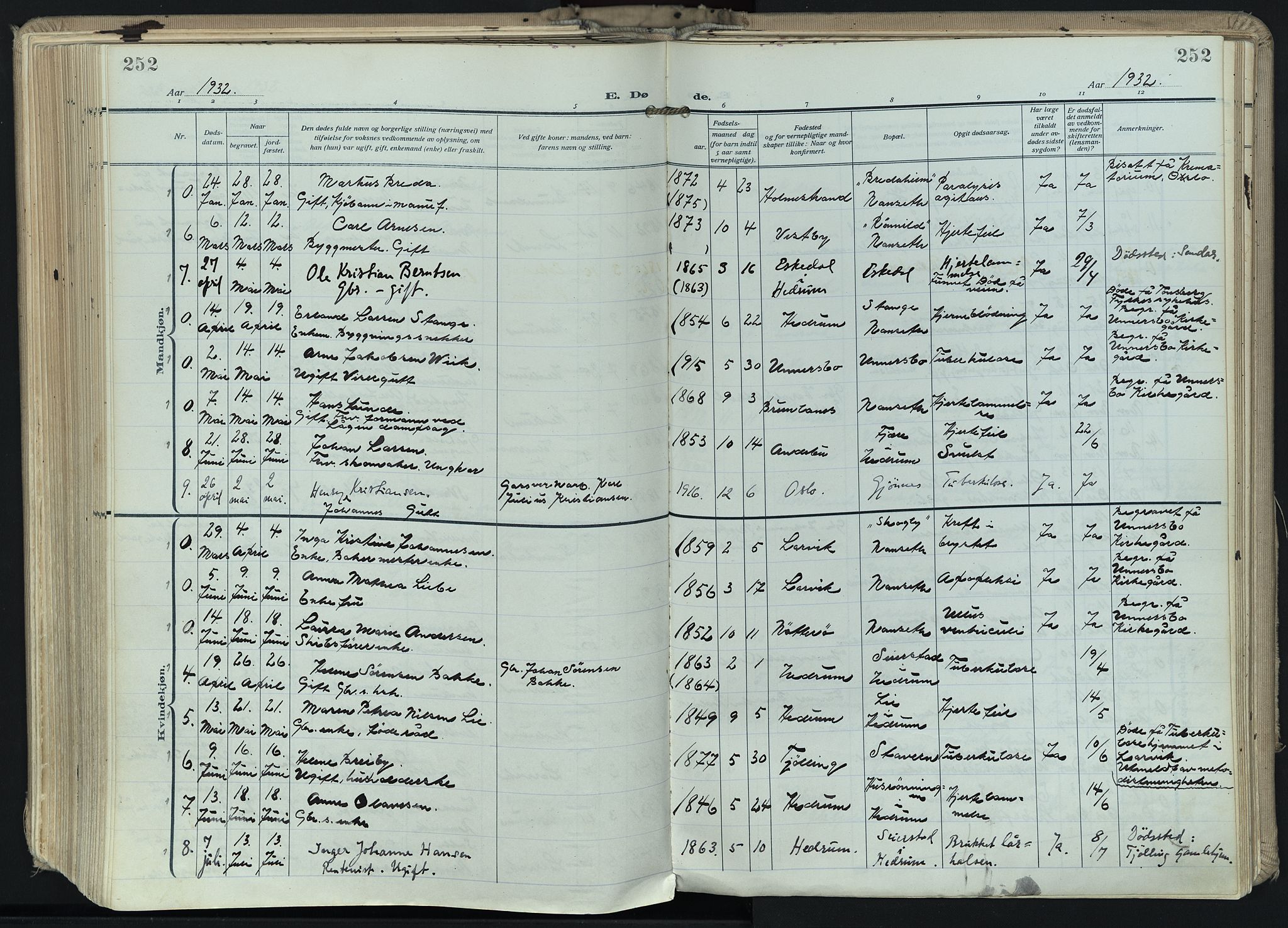 Hedrum kirkebøker, AV/SAKO-A-344/F/Fa/L0011: Parish register (official) no. I 11, 1919-1933, p. 252