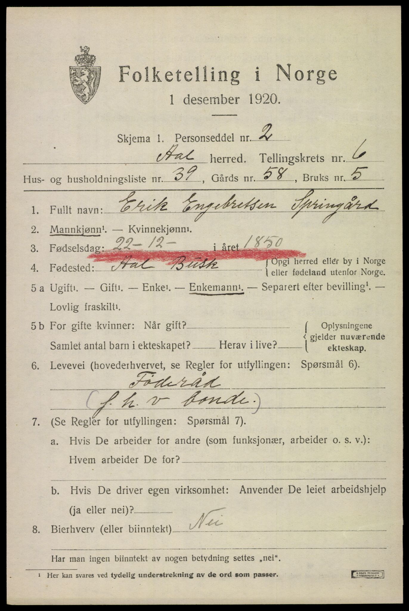 SAKO, 1920 census for Ål, 1920, p. 4784