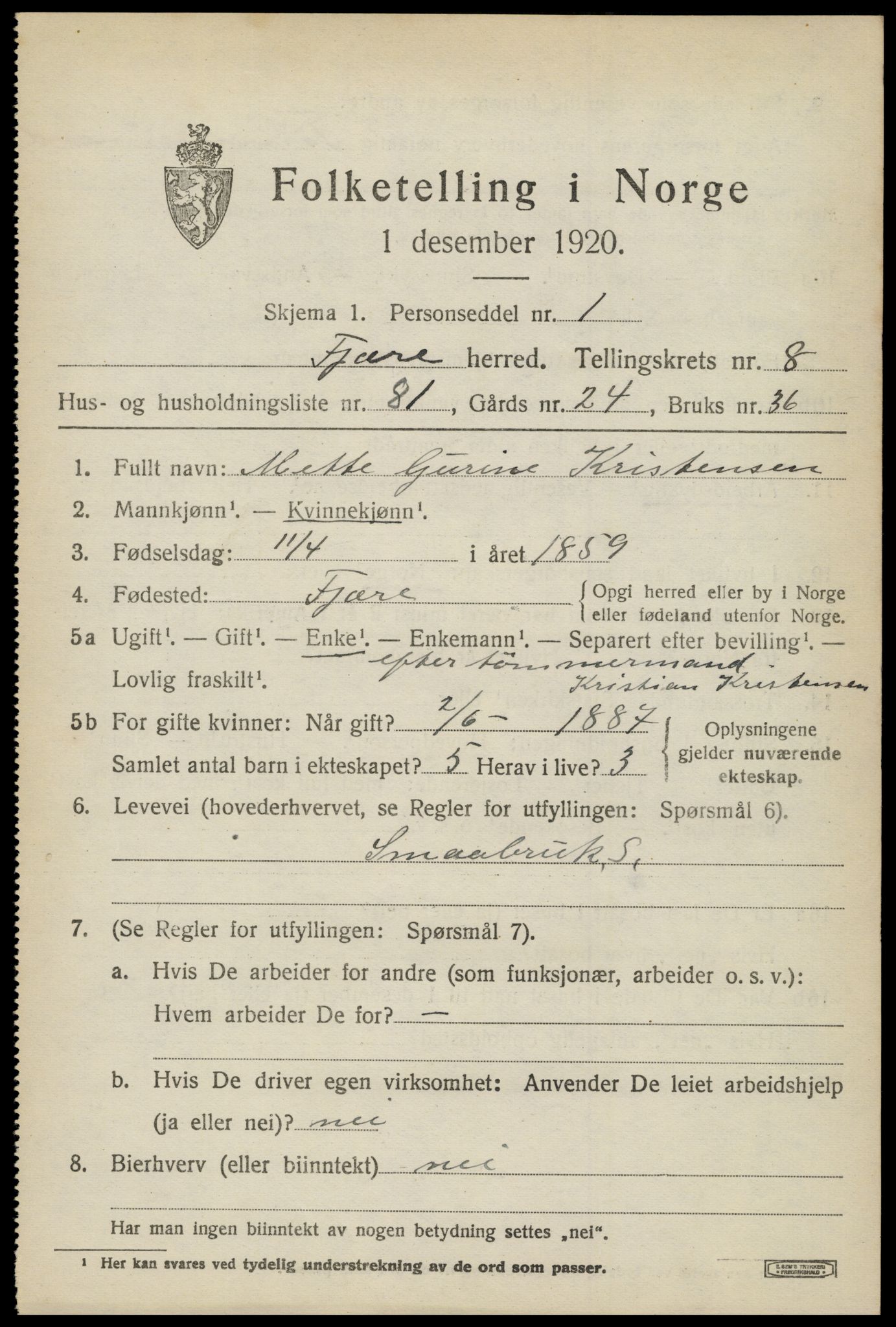 SAK, 1920 census for Fjære, 1920, p. 11081