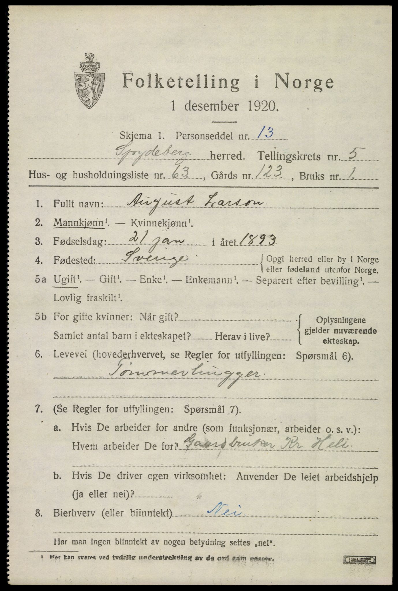 SAO, 1920 census for Spydeberg, 1920, p. 6929