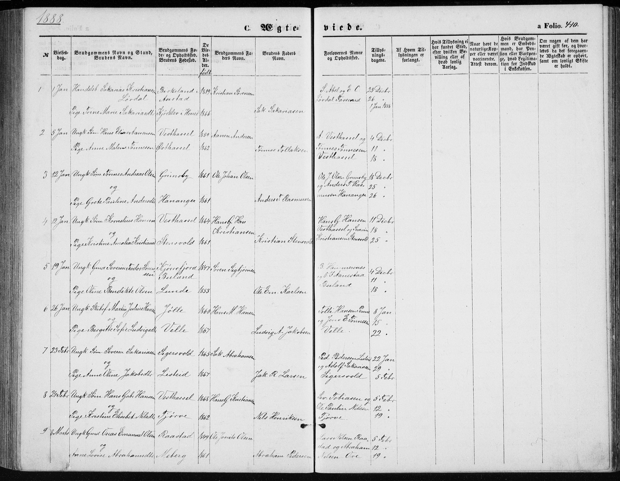 Lista sokneprestkontor, AV/SAK-1111-0027/F/Fb/L0004: Parish register (copy) no. B 4, 1877-1891, p. 410