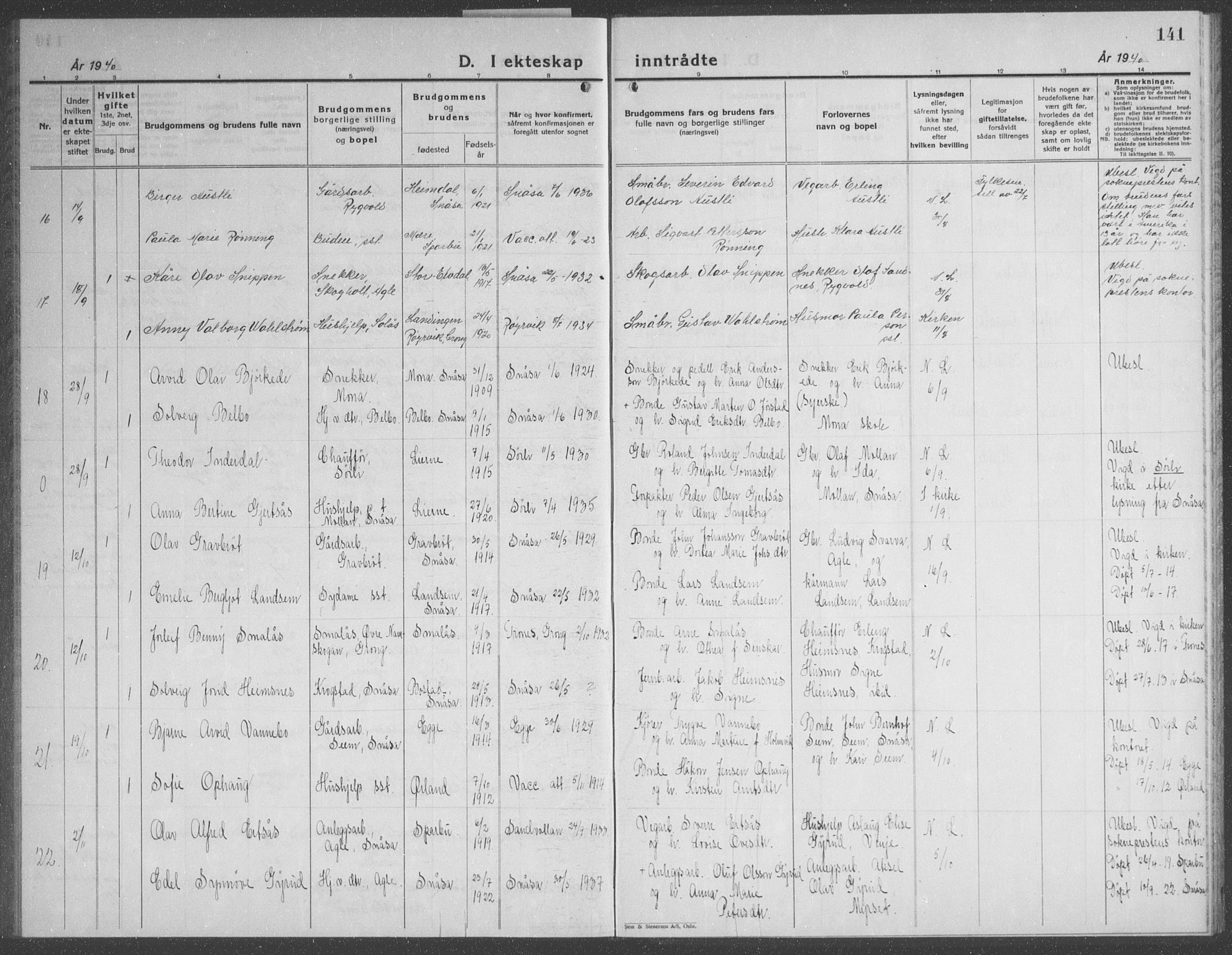 Ministerialprotokoller, klokkerbøker og fødselsregistre - Nord-Trøndelag, AV/SAT-A-1458/749/L0481: Parish register (copy) no. 749C03, 1933-1945, p. 141