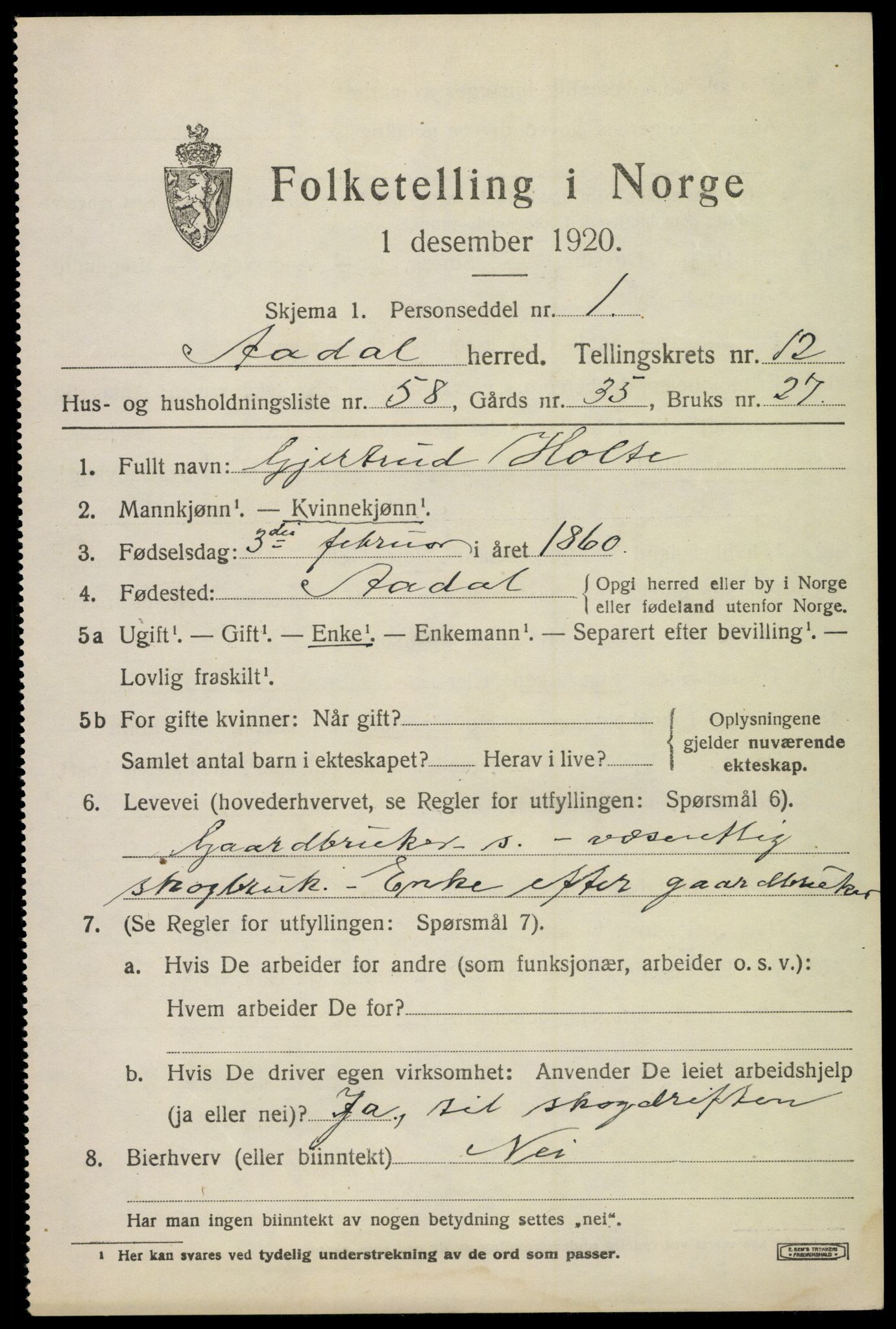 SAKO, 1920 census for Ådal, 1920, p. 7628