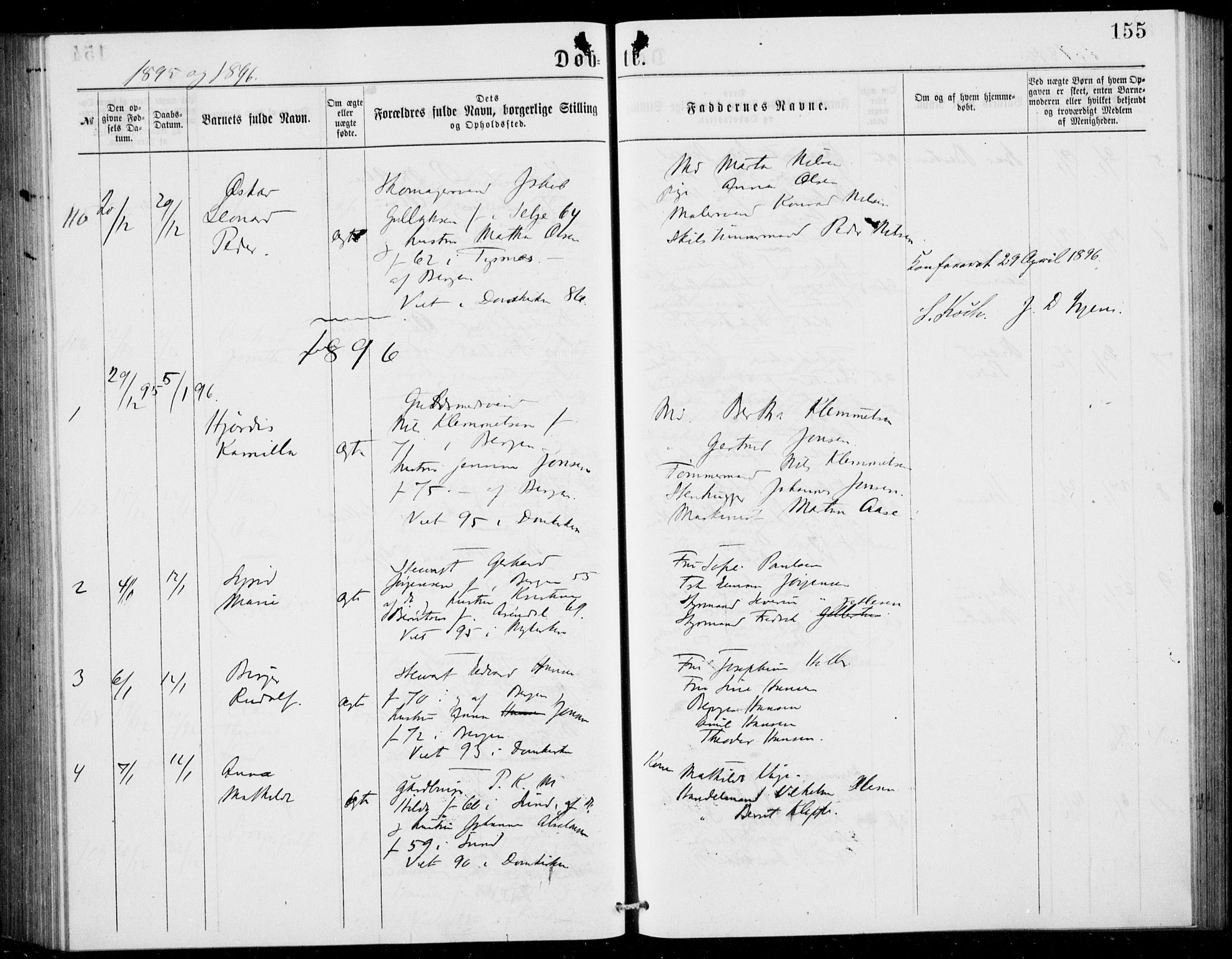 Fødselsstiftelsens sokneprestembete, ført av overlegen*, SAB/-: Parish register (official) no. A 2, 1884-1900, p. 155