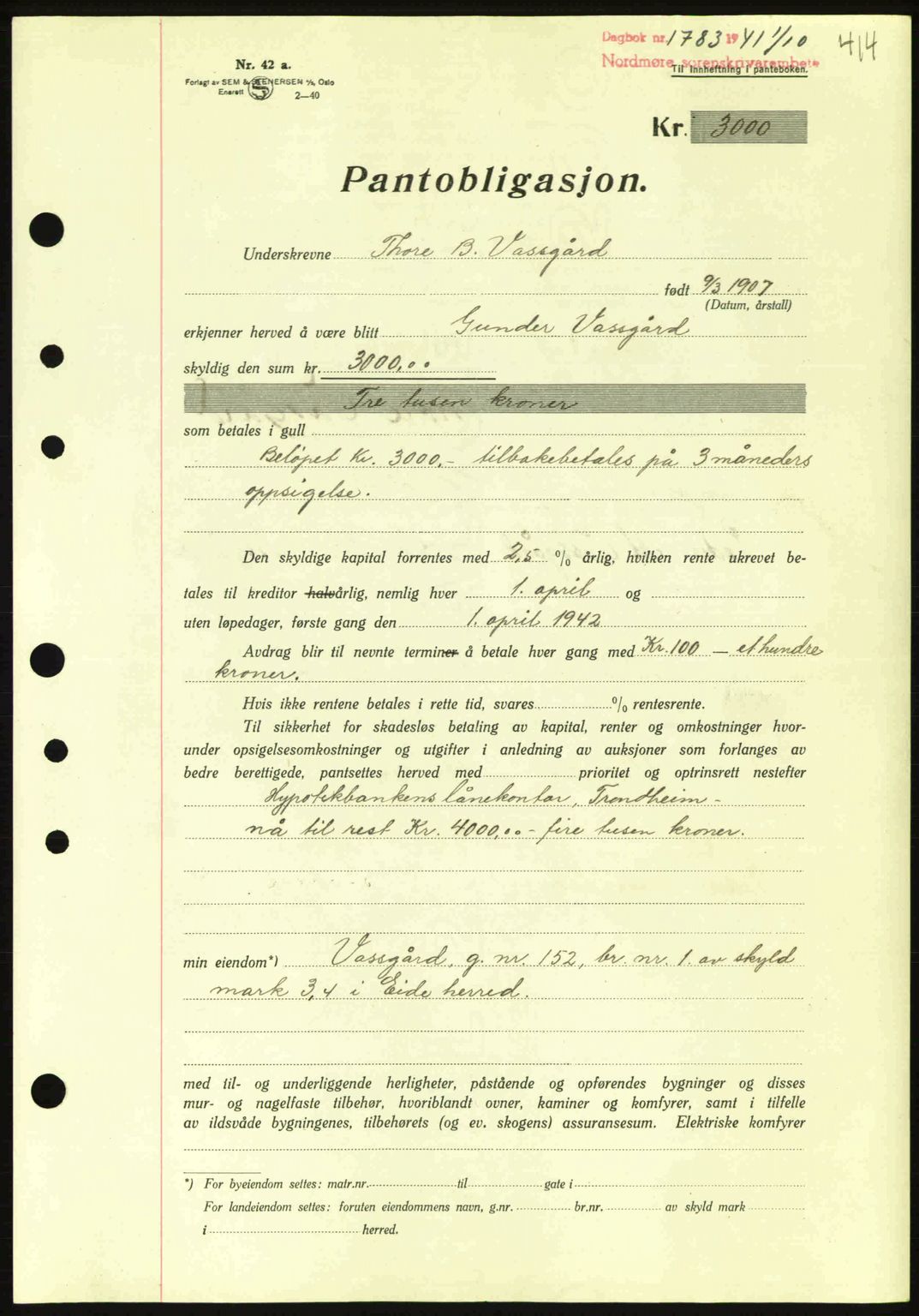 Nordmøre sorenskriveri, SAT/A-4132/1/2/2Ca: Mortgage book no. B88, 1941-1942, Diary no: : 1783/1941