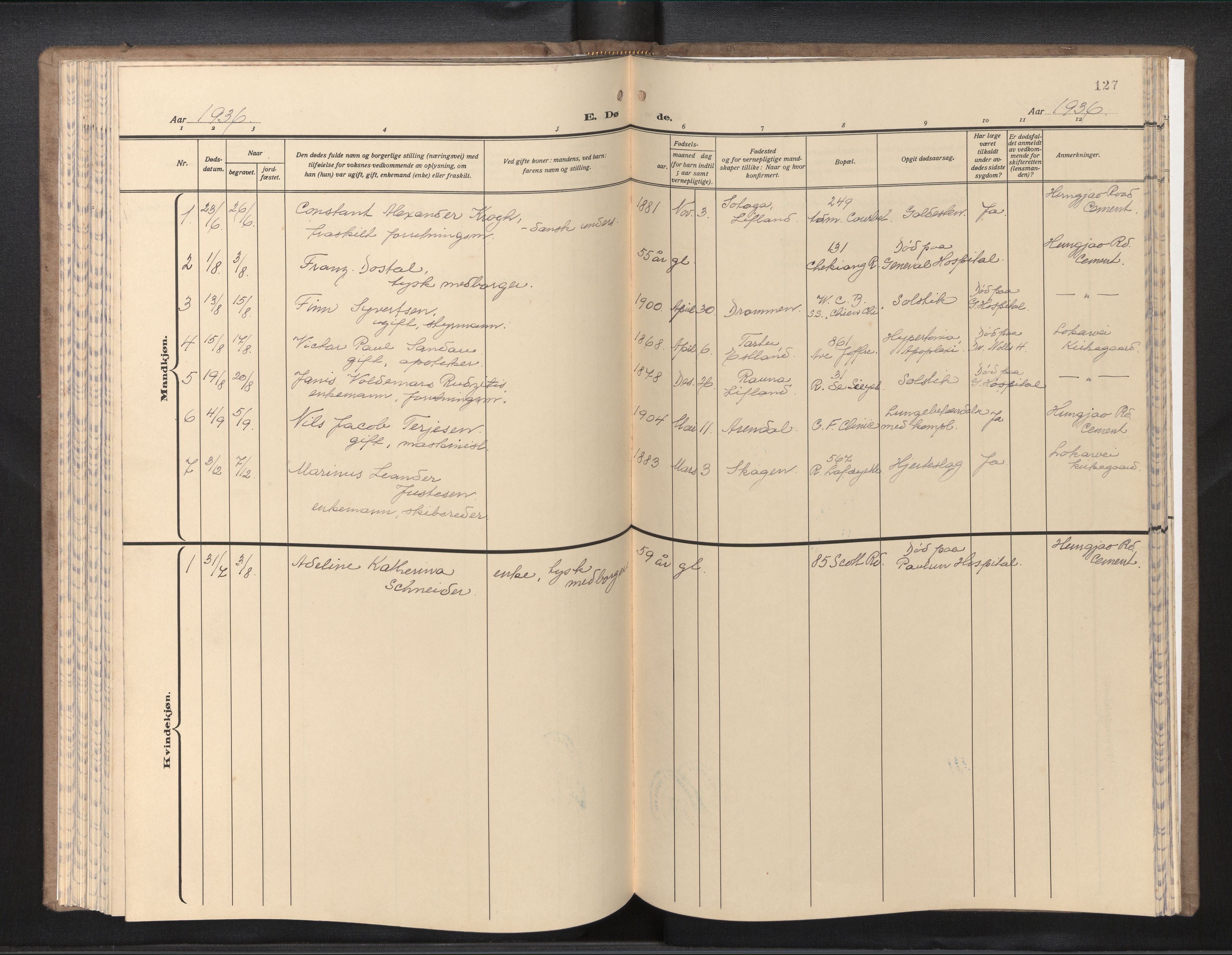  Den norske sjømannsmisjon i utlandet/Kinesiske havner (Shanghai-Hong Kong), SAB/SAB/PA-0120/H/Ha/Hab/L0001: Parish register (official) no. A 1, 1933-1947, p. 126b-127a