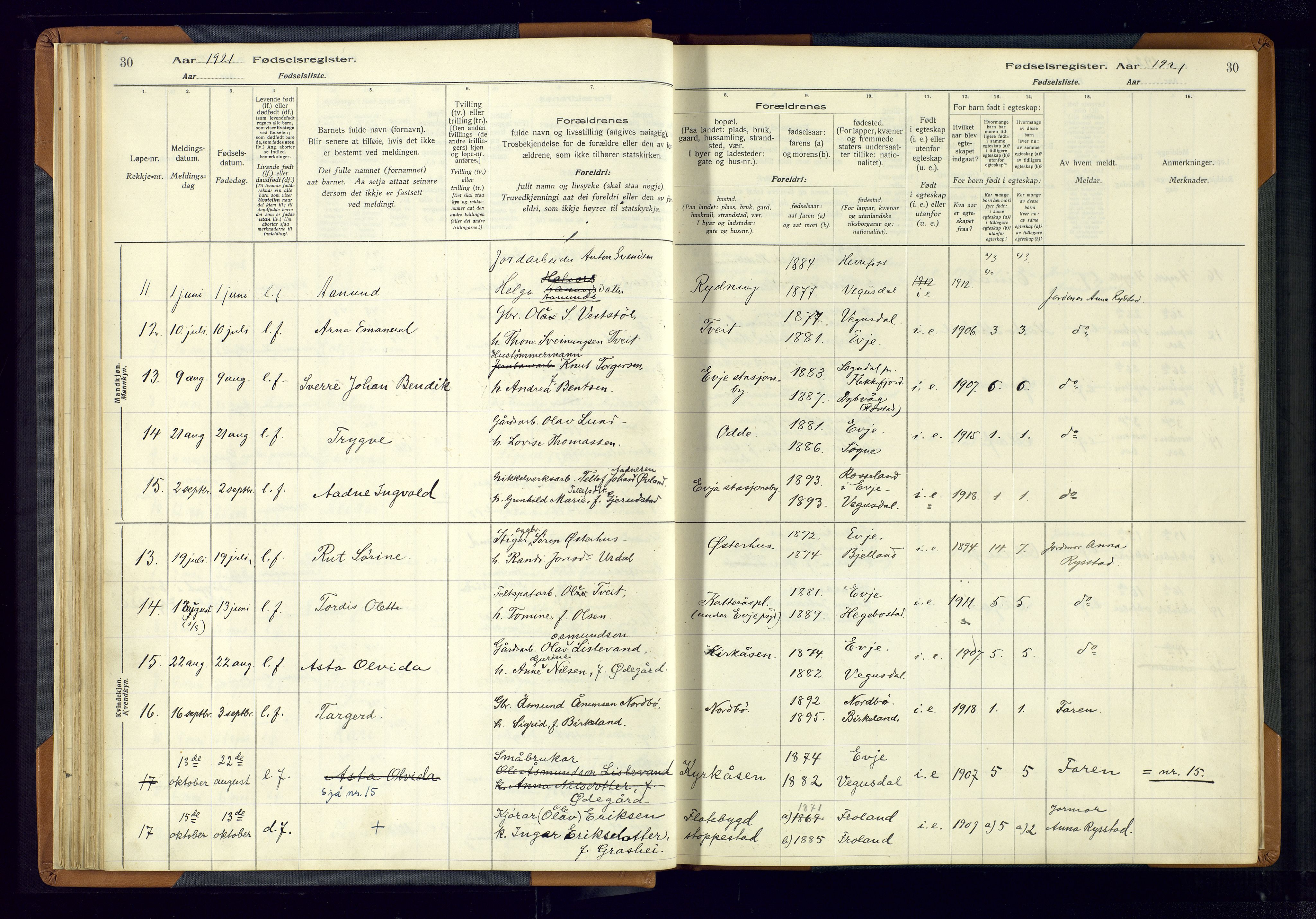 Evje sokneprestkontor, AV/SAK-1111-0008/J/Jc/L0004: Birth register no. 4, 1916-1968, p. 30