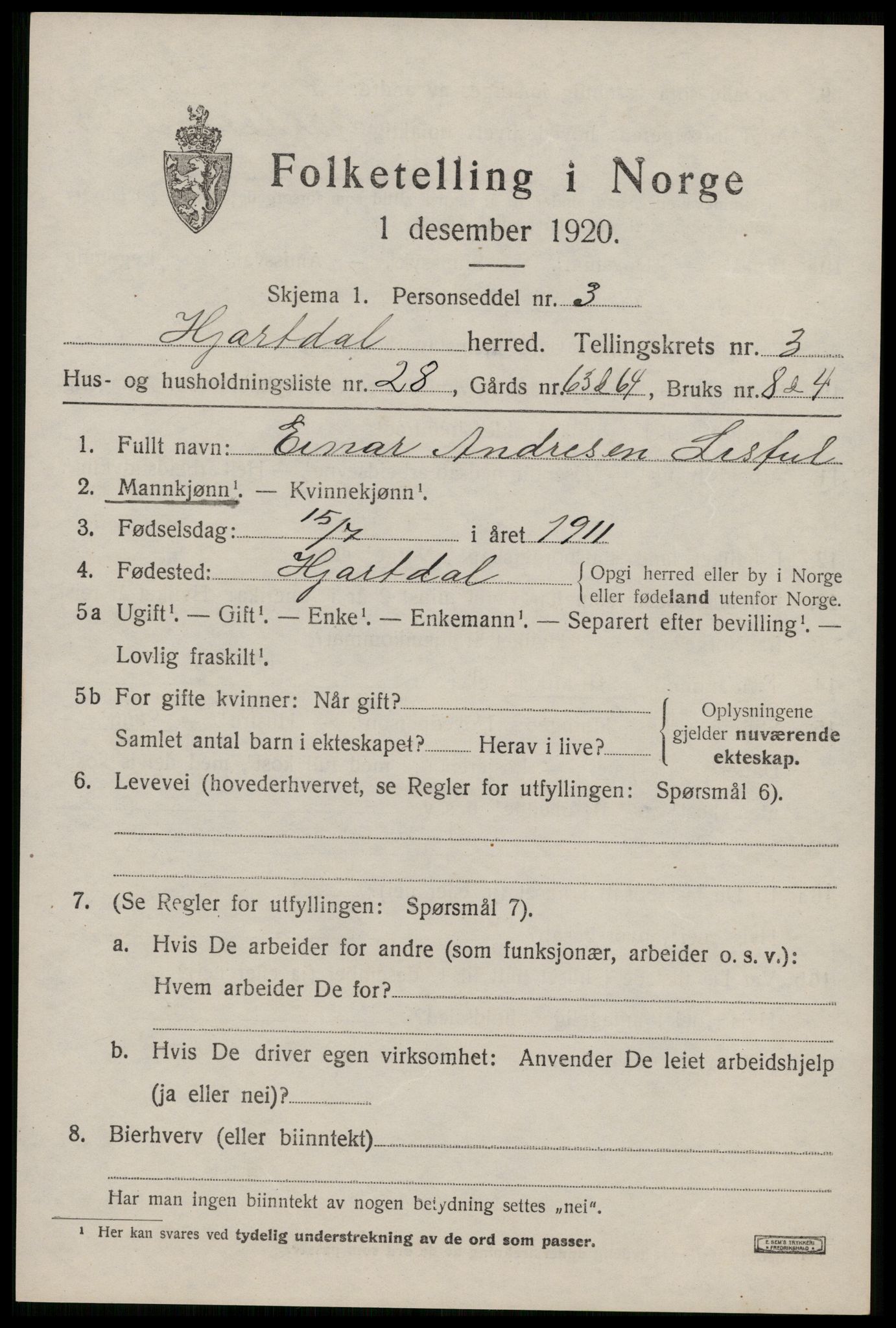 SAKO, 1920 census for Hjartdal, 1920, p. 2790