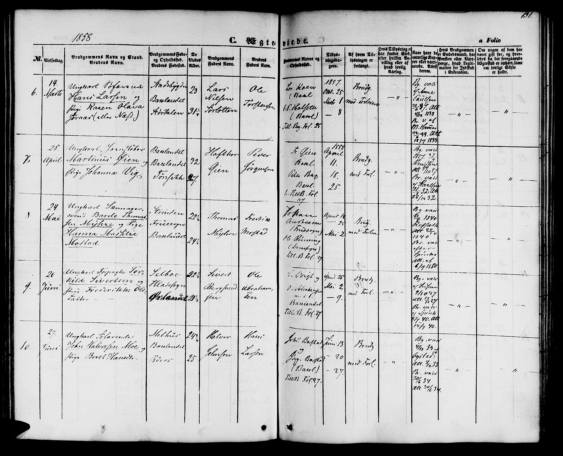 Ministerialprotokoller, klokkerbøker og fødselsregistre - Sør-Trøndelag, SAT/A-1456/604/L0184: Parish register (official) no. 604A05, 1851-1860, p. 131