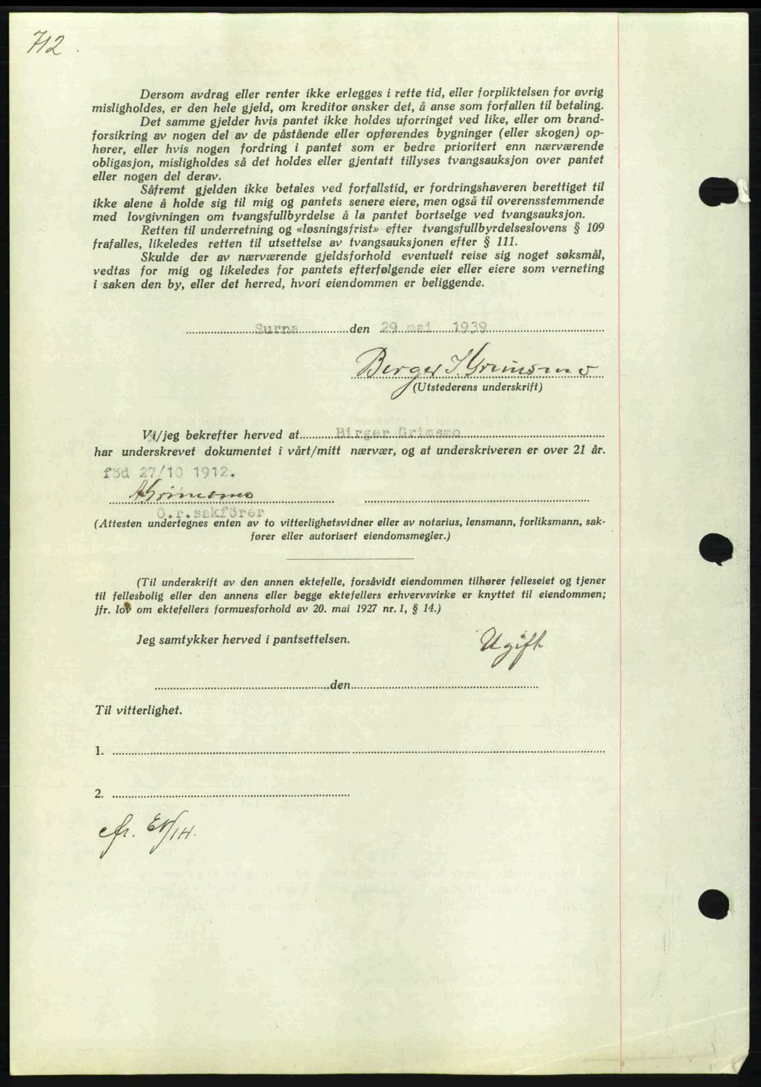 Nordmøre sorenskriveri, AV/SAT-A-4132/1/2/2Ca: Mortgage book no. B85, 1939-1939, Diary no: : 1981/1939