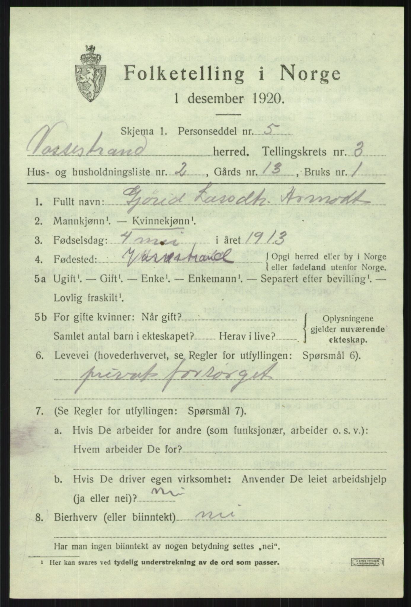 SAB, 1920 census for Vossestrand, 1920, p. 1450