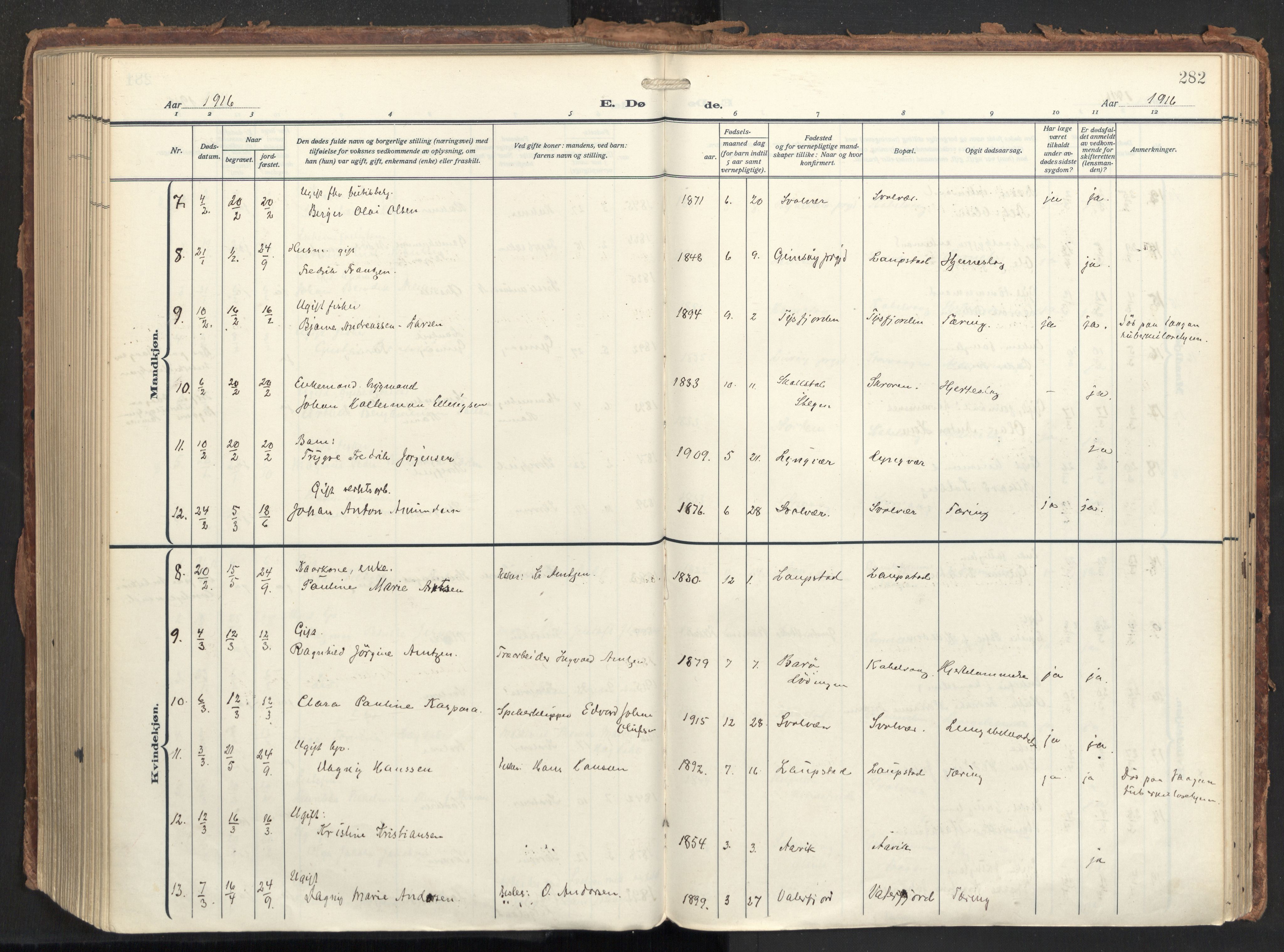 Ministerialprotokoller, klokkerbøker og fødselsregistre - Nordland, AV/SAT-A-1459/874/L1064: Parish register (official) no. 874A08, 1915-1926, p. 282