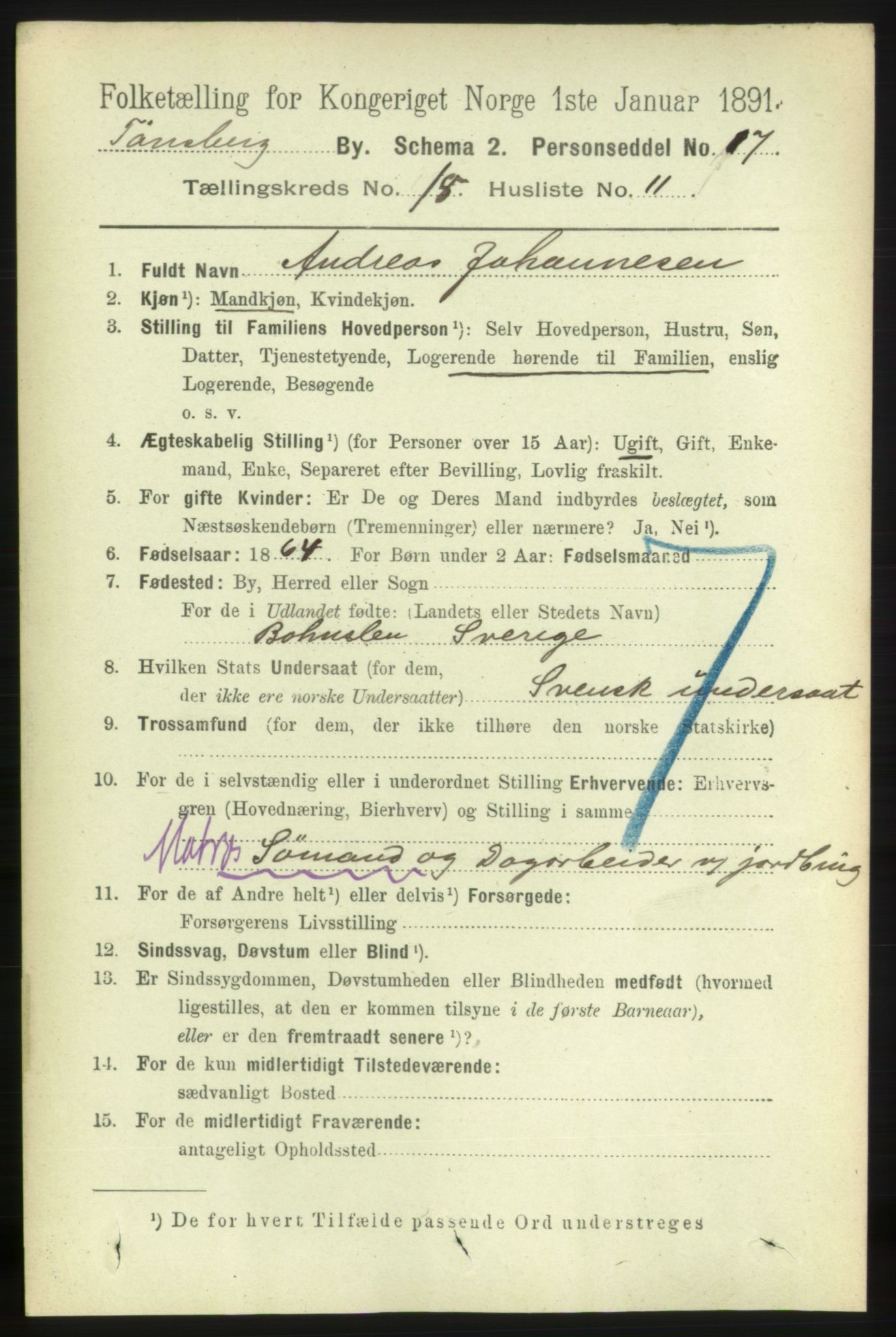 RA, 1891 census for 0705 Tønsberg, 1891, p. 5207