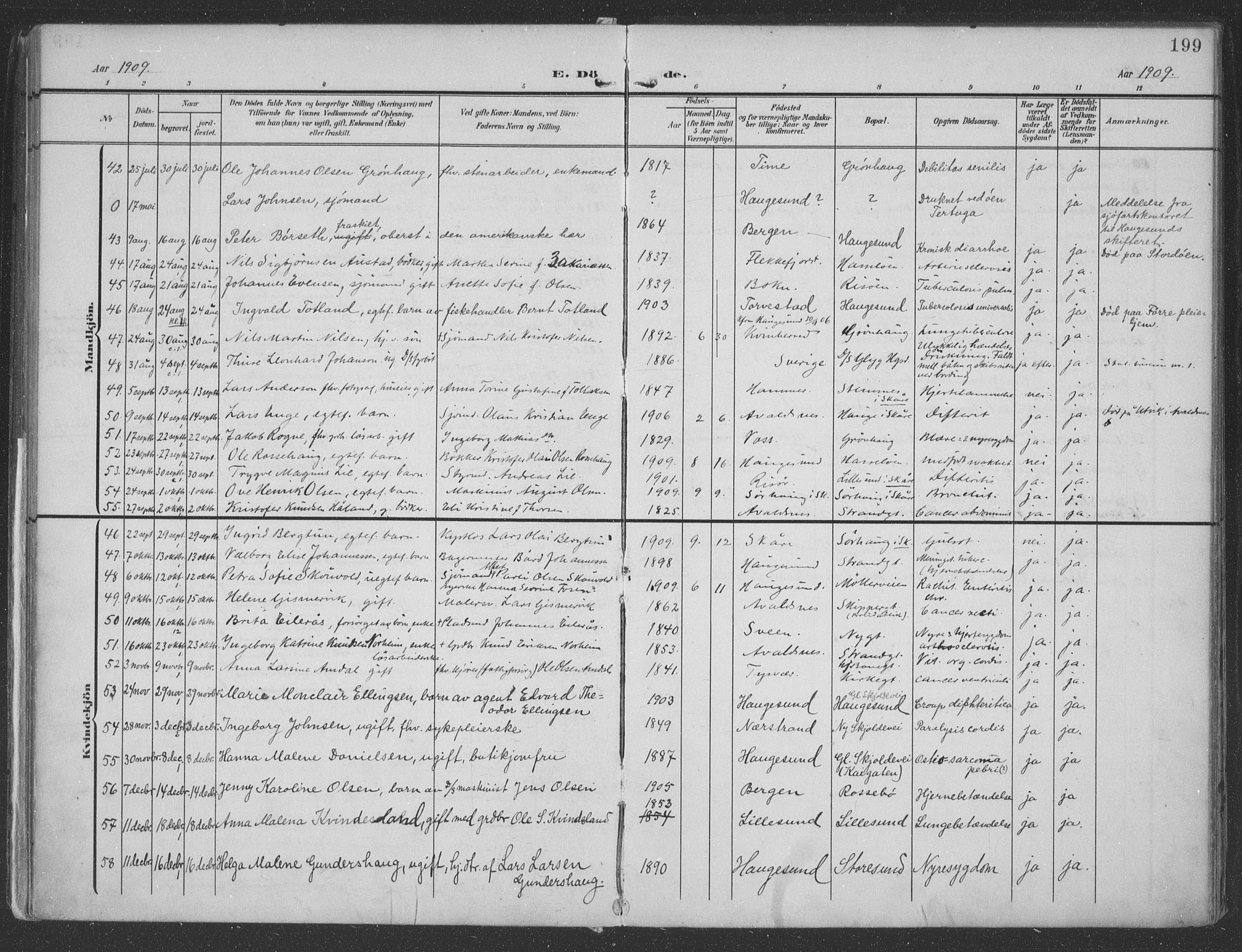 Haugesund sokneprestkontor, AV/SAST-A -101863/H/Ha/Haa/L0007: Parish register (official) no. A 7, 1904-1916, p. 199