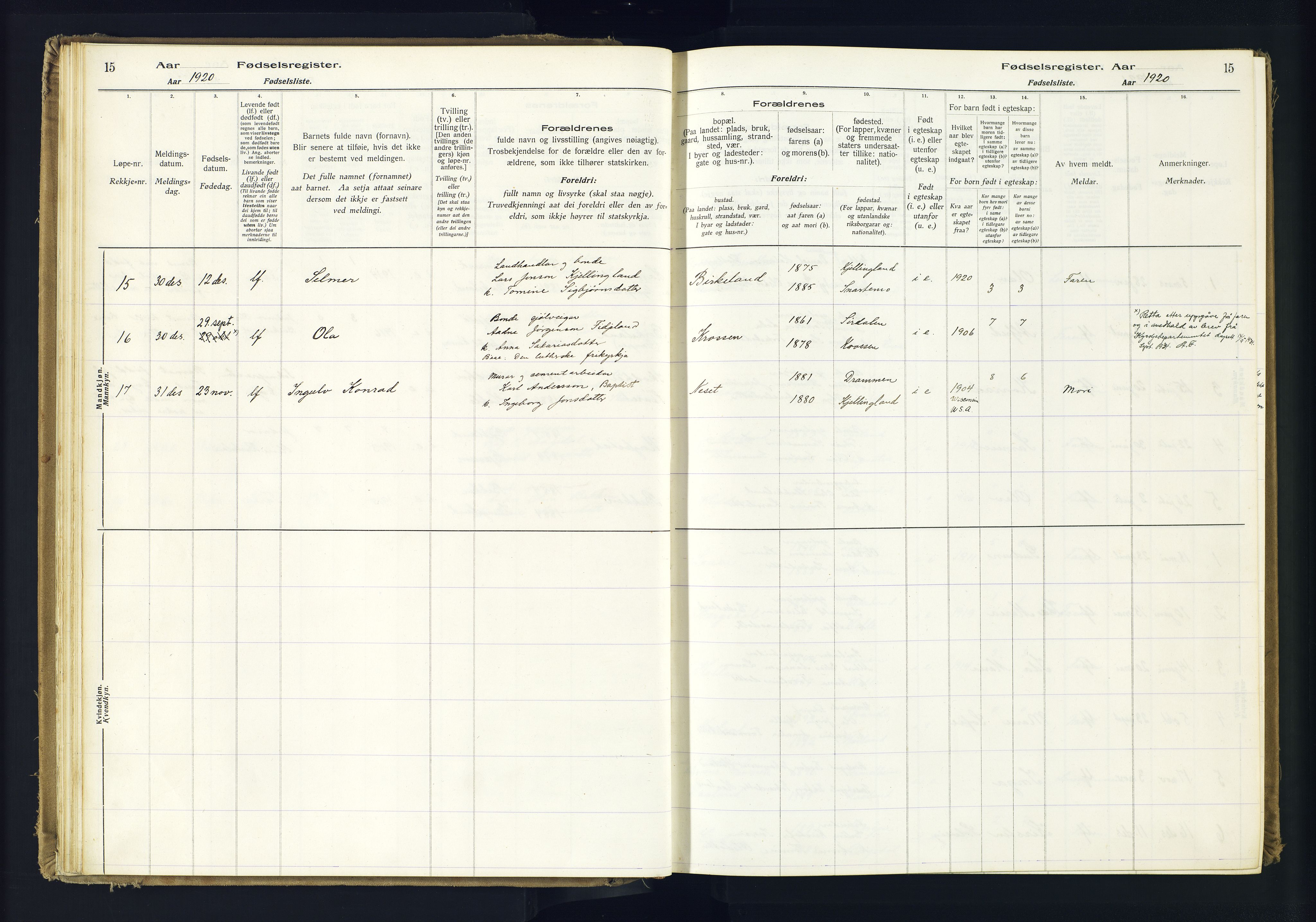 Hægebostad sokneprestkontor, SAK/1111-0024/J/Ja/L0001: Birth register no. II.6.7, 1916-1982, p. 15