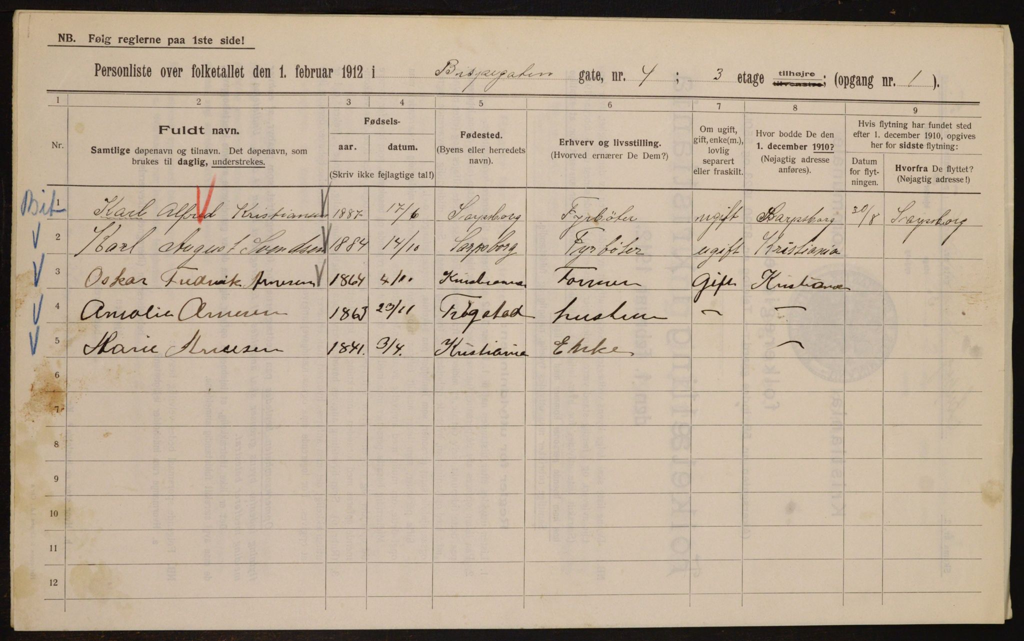 OBA, Municipal Census 1912 for Kristiania, 1912, p. 5222