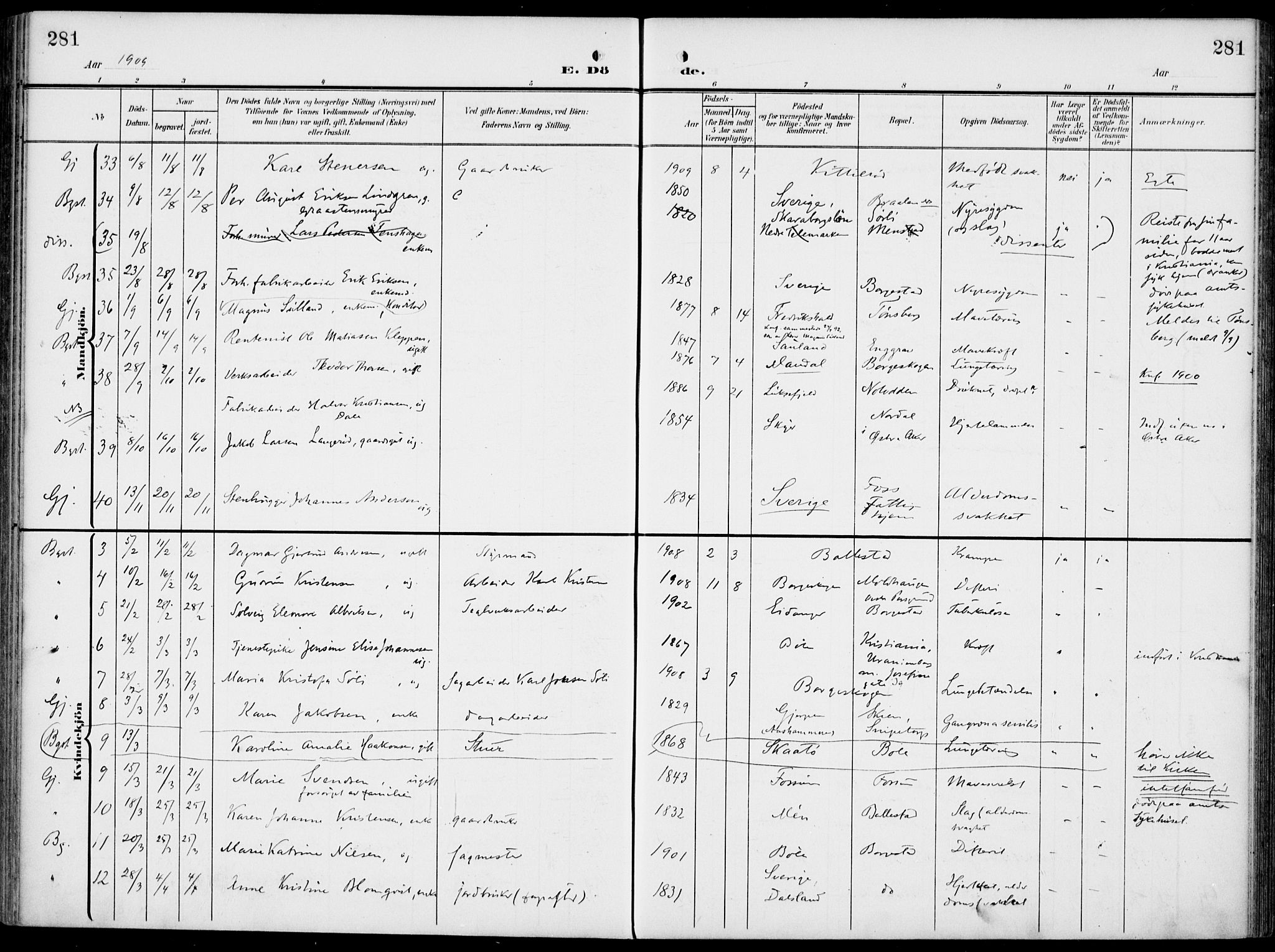 Gjerpen kirkebøker, SAKO/A-265/F/Fa/L0012: Parish register (official) no. I 12, 1905-1913, p. 281