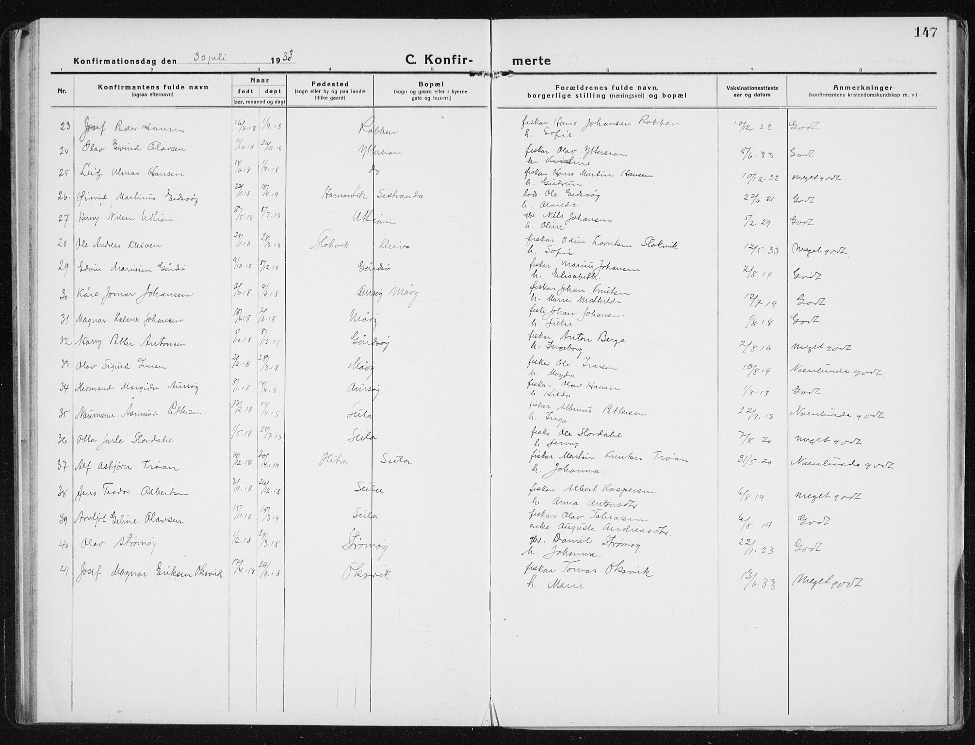 Ministerialprotokoller, klokkerbøker og fødselsregistre - Sør-Trøndelag, AV/SAT-A-1456/640/L0589: Parish register (copy) no. 640C06, 1922-1934, p. 147