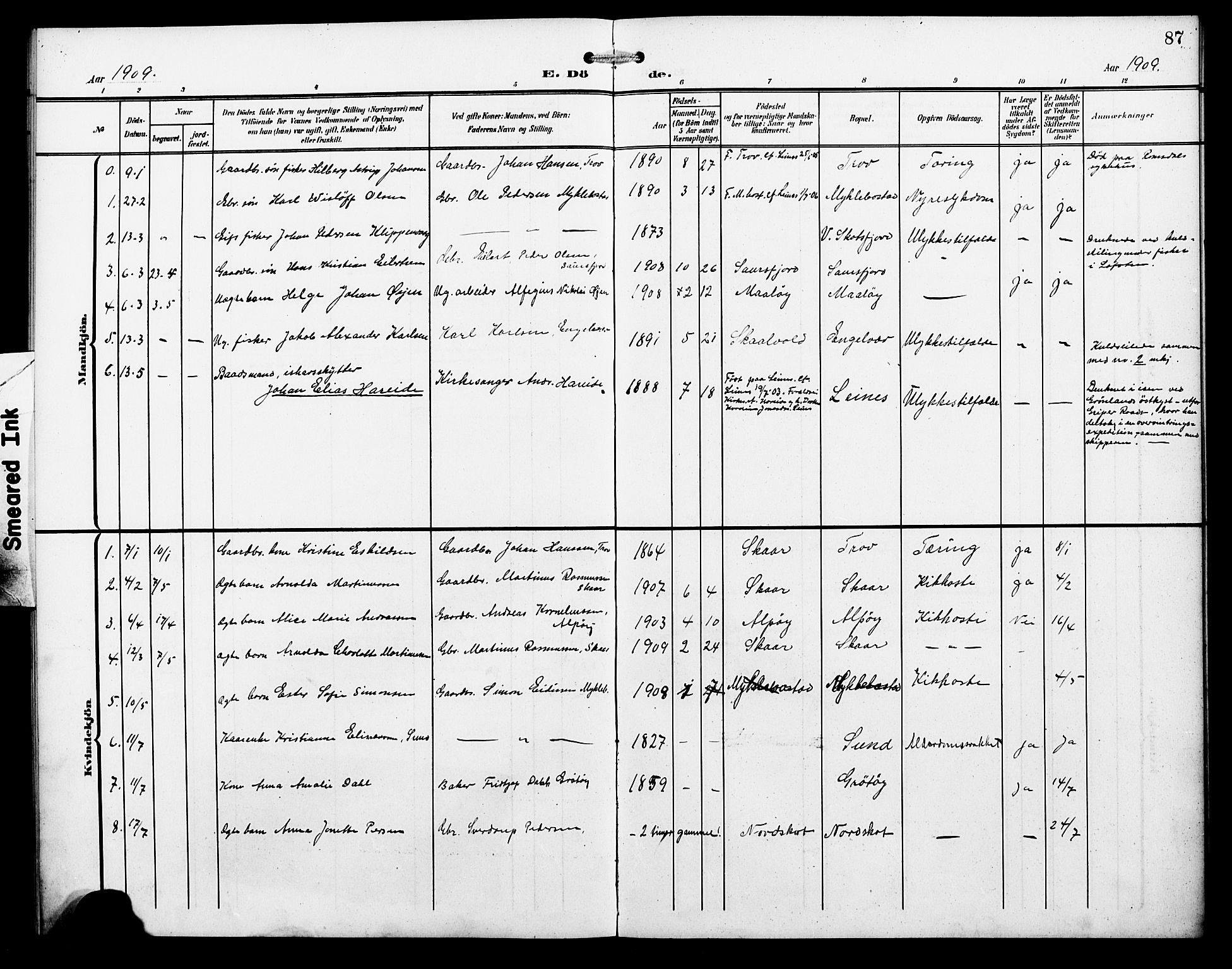 Ministerialprotokoller, klokkerbøker og fødselsregistre - Nordland, AV/SAT-A-1459/857/L0829: Parish register (copy) no. 857C04, 1906-1916, p. 87