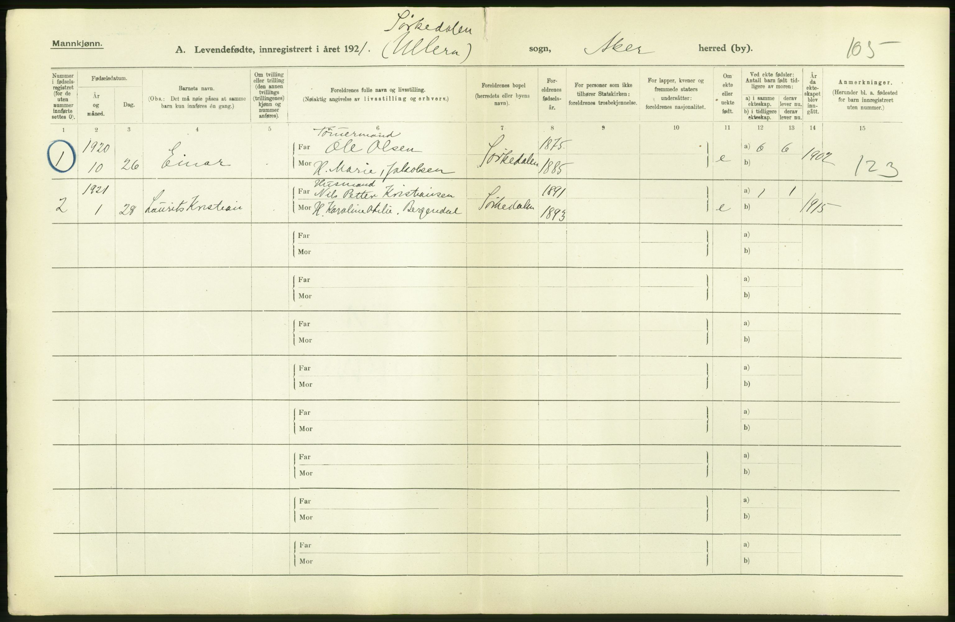 Statistisk sentralbyrå, Sosiodemografiske emner, Befolkning, AV/RA-S-2228/D/Df/Dfc/Dfca/L0004: Akershus fylke: Levendefødte menn og kvinner. Bygder., 1921, p. 32