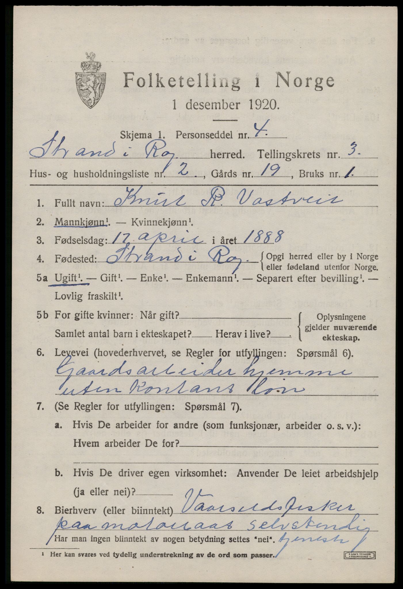 SAST, 1920 census for Strand, 1920, p. 2322