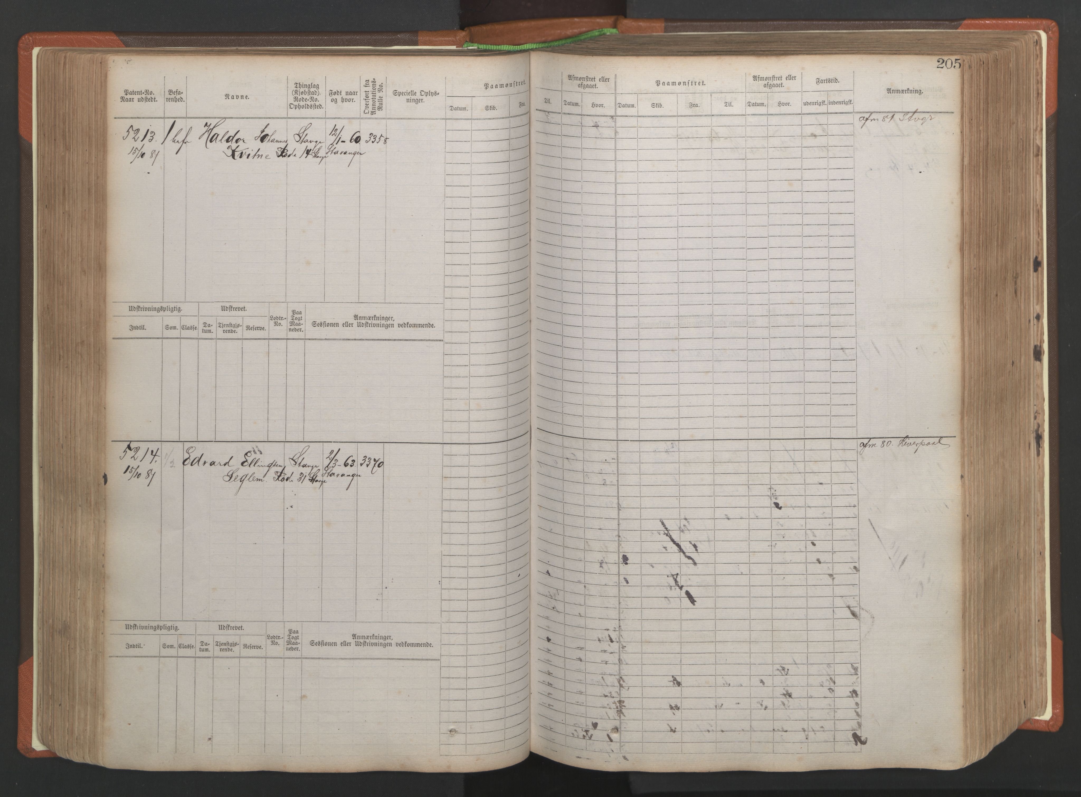 Stavanger sjømannskontor, AV/SAST-A-102006/F/Fb/Fbb/L0009: Sjøfartshovedrulle, patentnr. 4805-6006, 1879-1887, p. 211